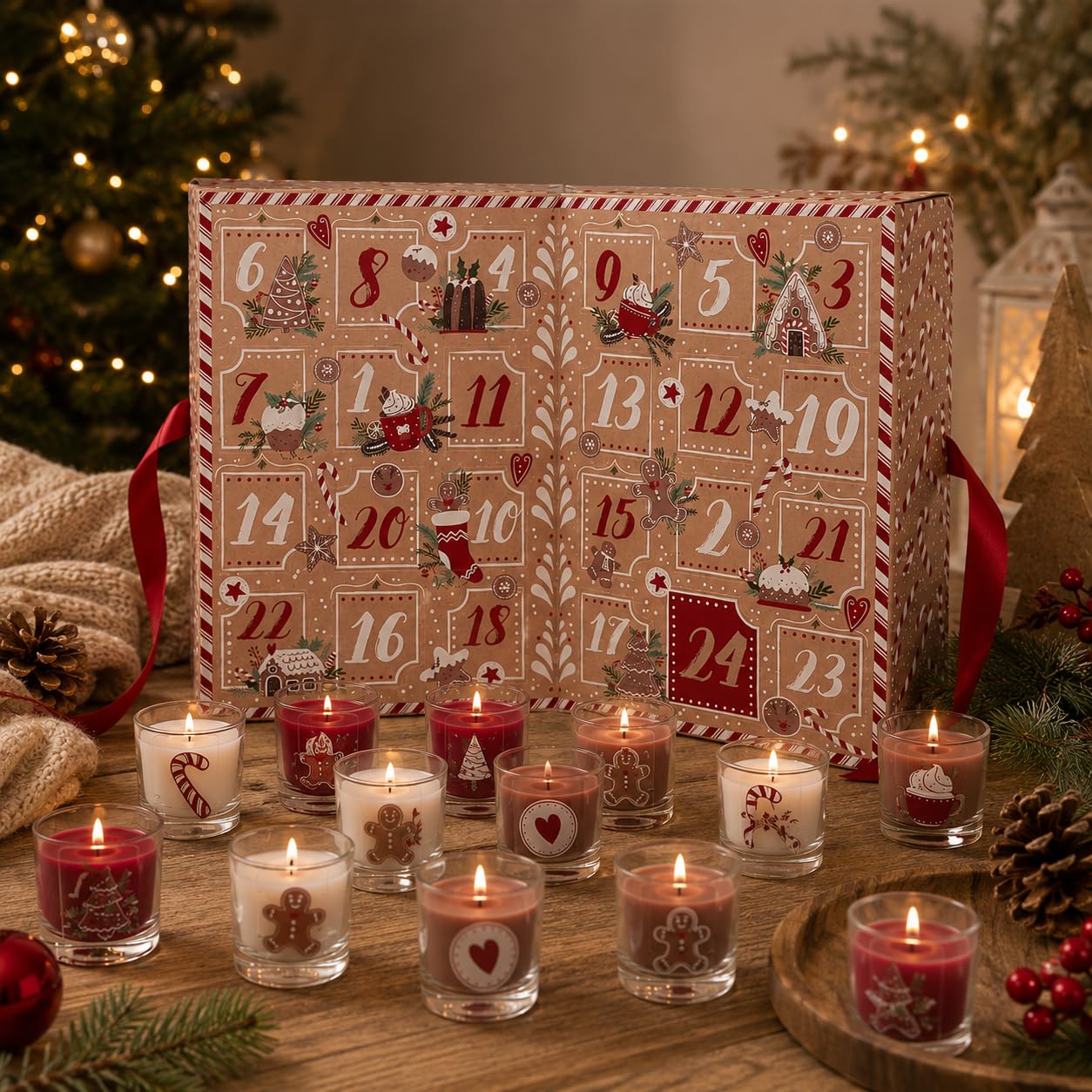 Luxuriöser Adventskalender mit 24 Duftkerzen – Aufklappbarer Weihnachts-Adventskalender für Erwachsene – Adventskalender mit Kerzen – Rot