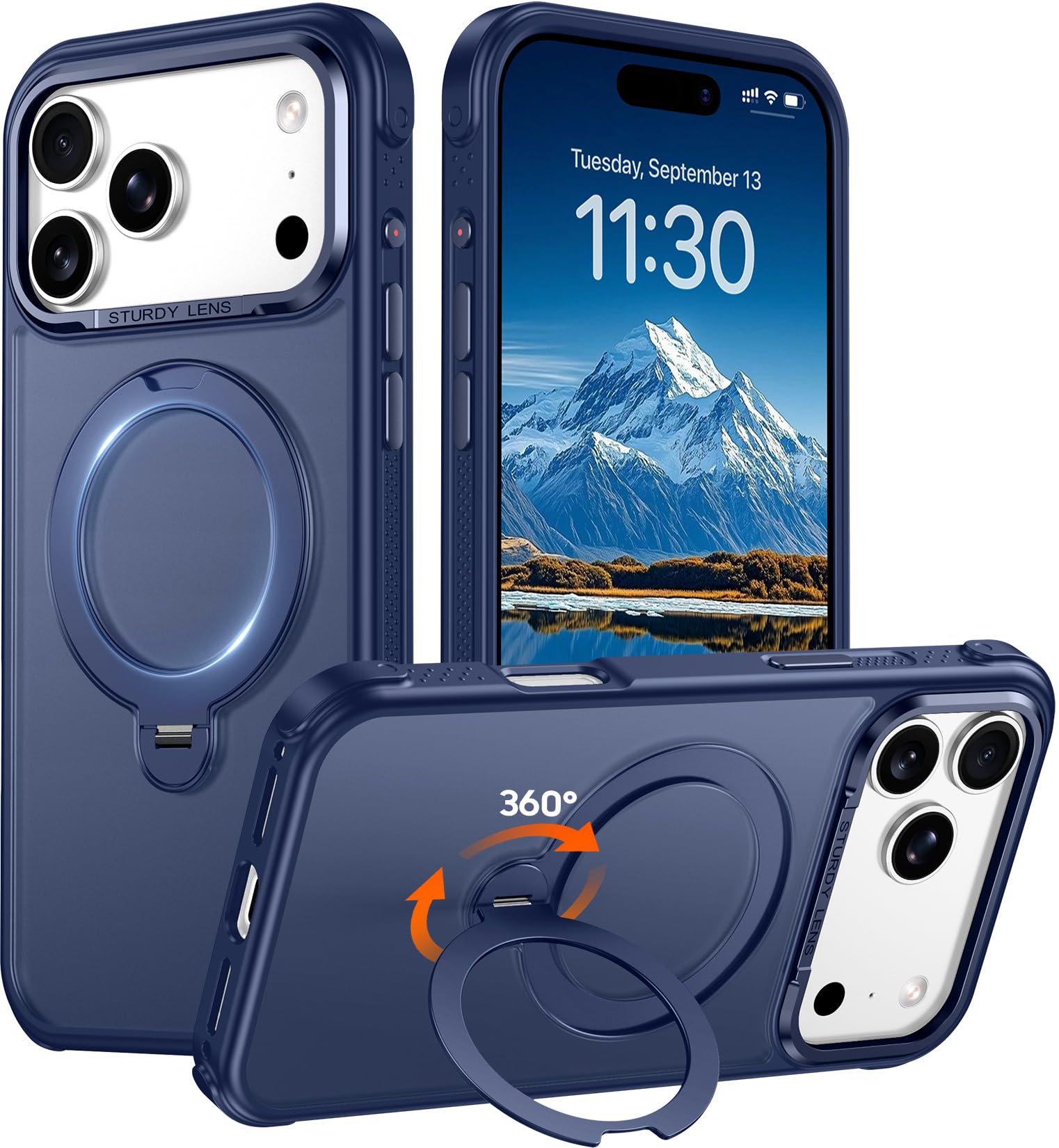 Carcasa iPhone 17 Pro Max para coche y escritorio con anillo giratorio azul 8