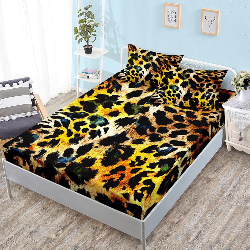 Spannbettlaken 180X200Cm Gelber Leopardenmuster Bettlaken 180X200 Boxspringbett Weiches, Knitterfreies Und Atmungsaktives Bettlaken,Matratzenschoner 30Cm Extra Tiefe Taschenlaken