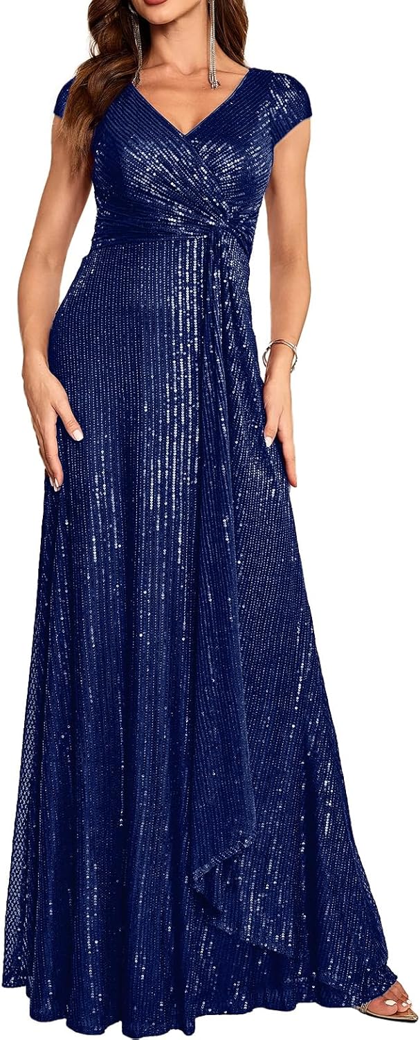 meilun Short Sleeve Sequin Dress for Women Formal Evening Gowns Sparkly V Neck 1920s Long Dress