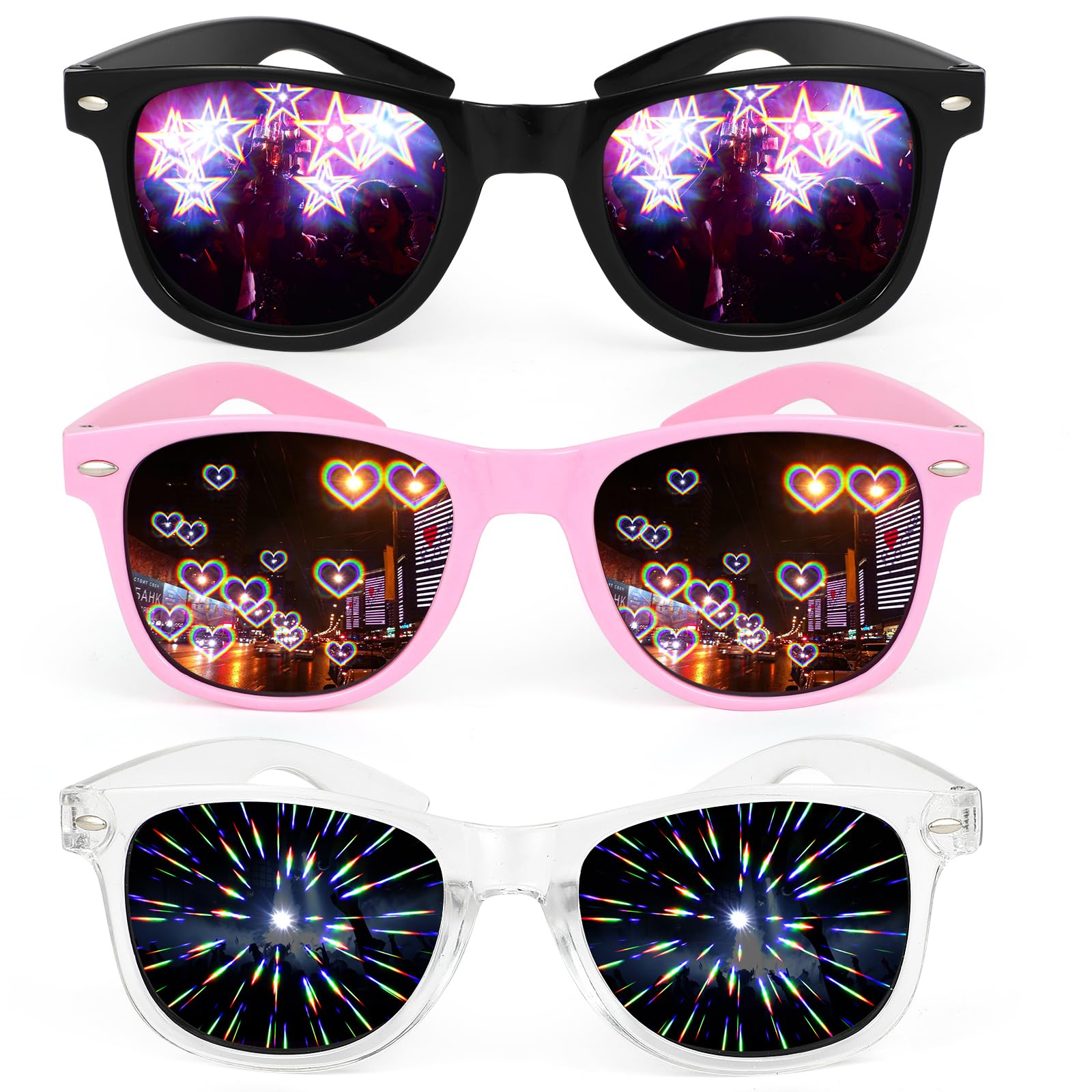 3Pcs Diffraction Glasses, 3D Prism Rainbow Heart Star Effect Light Refraction Glasses for Edm Party - Women Men Rave