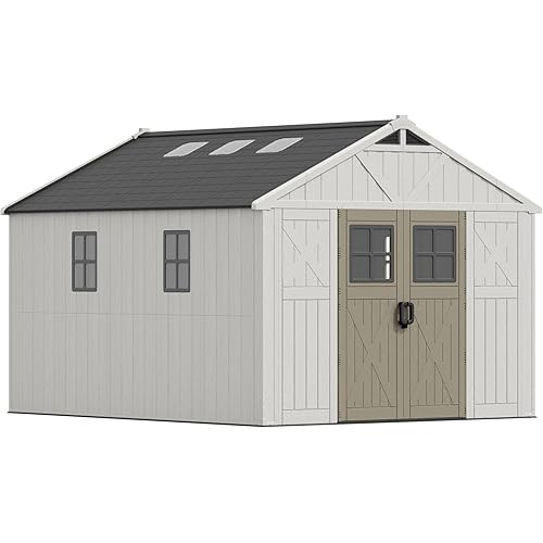 Devoko 10x12 FT Resin Outdoor Storage Shed with Floor, Outside Large Storage Shed for Patio Backyard Lawn, Beige
