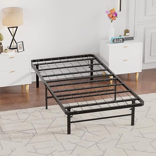 BestMassage Base de cama plegable, marco de cama plegable de metal de 14 pulgadas con almacenamiento debajo de la cama, marco de acero resistente,
