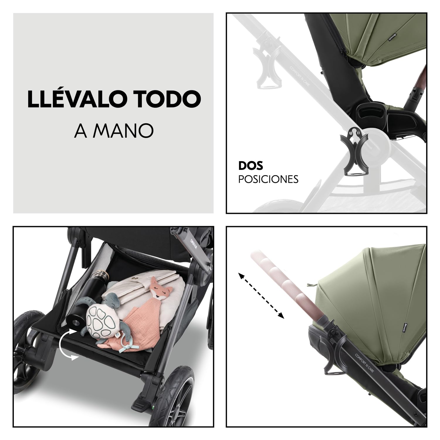 hauck Comfort N Care Set Cochecito 2in1 | Carrito Bebé desde Nacimiento hasta 22 kg - Capazo XL - Ruedas de Goma con Suspensión - Silla de Paseo Ligera Reversible y Reclinable - con Adaptador - Oliva