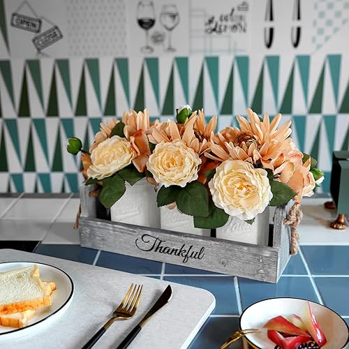 Miniatura 2 de HOMKO - Centro de mesa de tarros de vidrio Mason Jar con flores artificiales de estilo rústico para organizador cubiertos o decorar la cocina, el