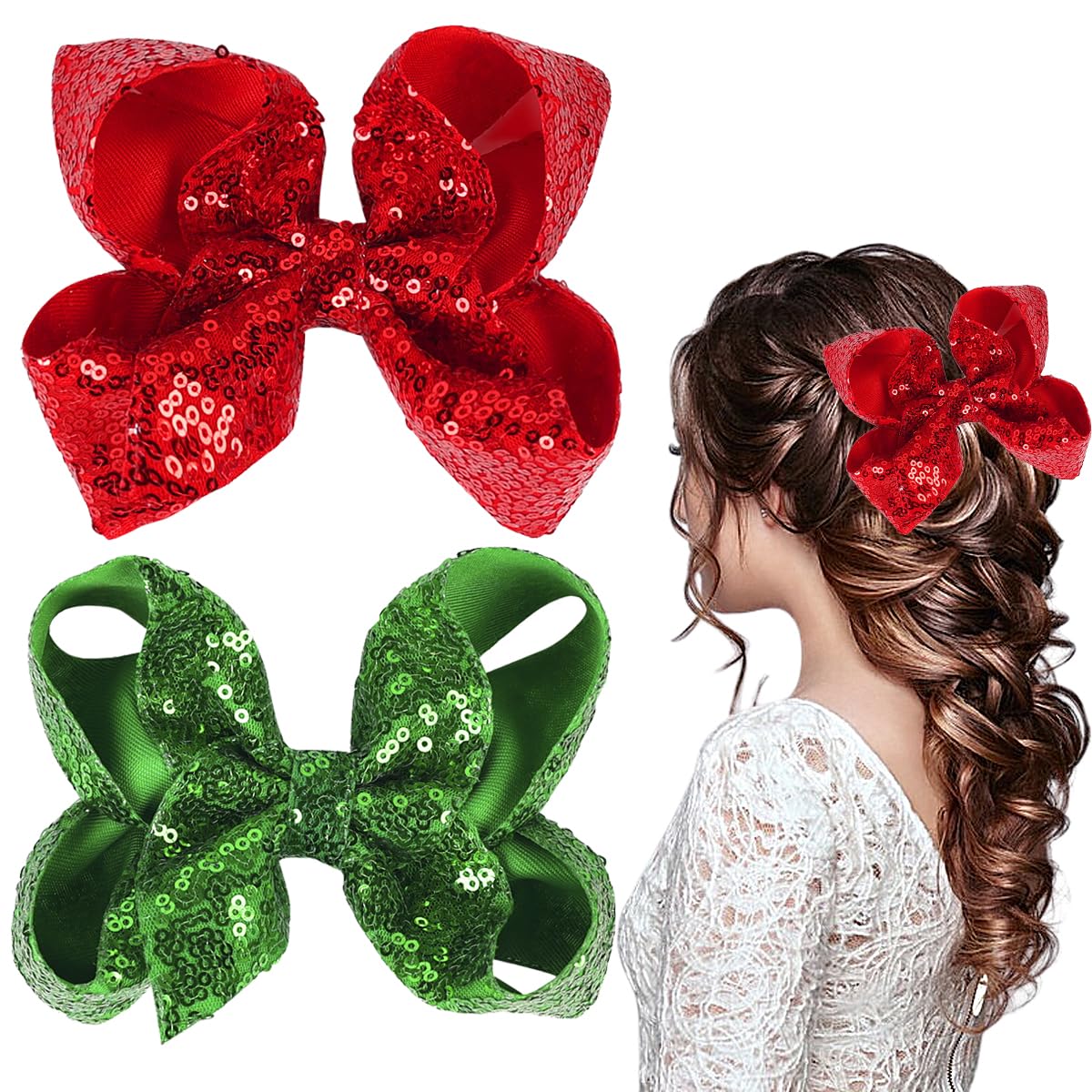 Red Green Hair Bows Clips Christmas 5 Inches Glitter Sequins Hair Bows Clips Ribbon Hairpin Cheer Alligator Clips Bows Hairpins Barrette for St.