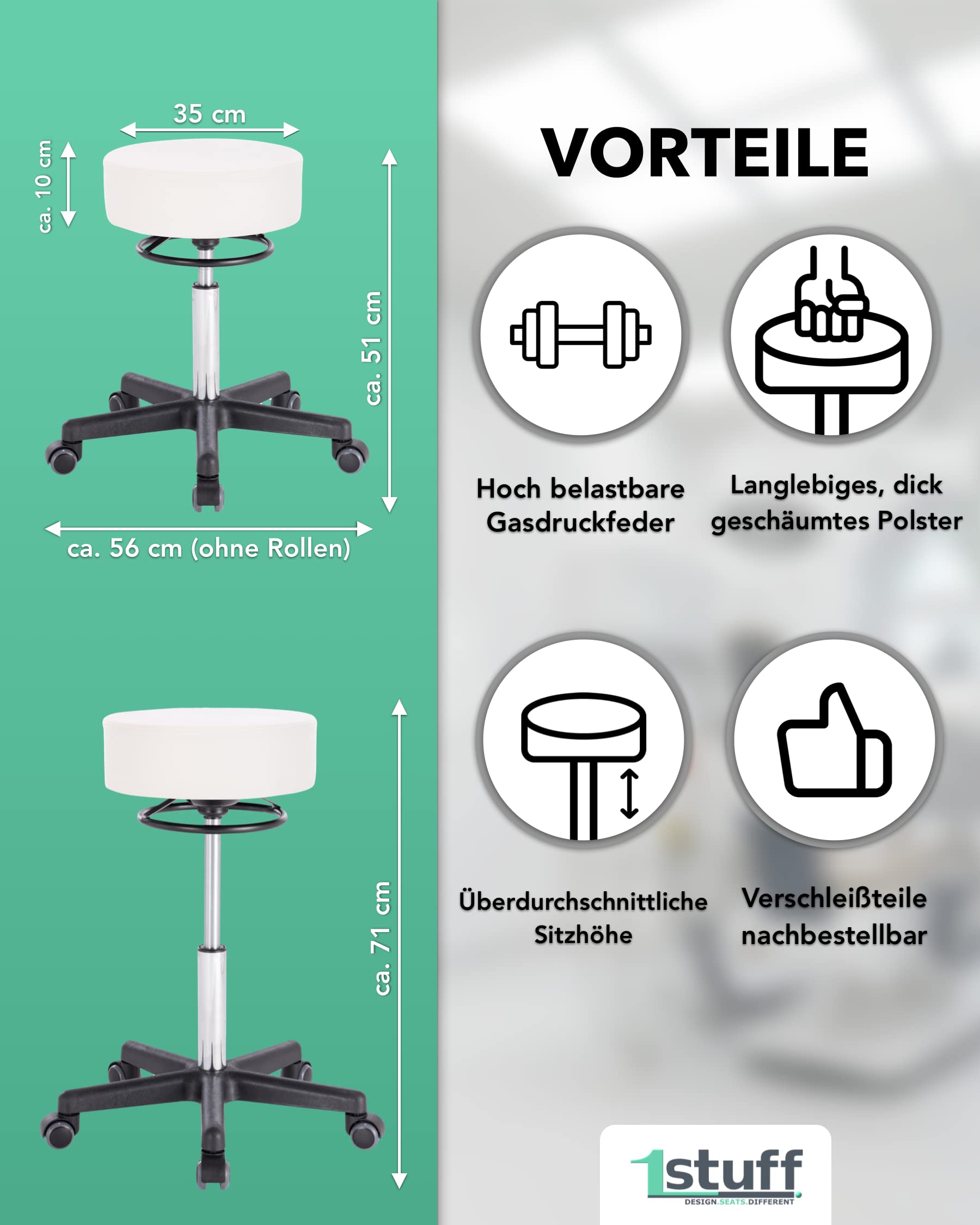 Profi Rollhocker Squash 35 Circle - ca. 51-71 cm Höhe - Drehhocker höhenverstellbar mit Verstellring - Praxis-Hocker und Arbeitshocker - Arzt-Hocker - Laborhocker mit Rollen Blau