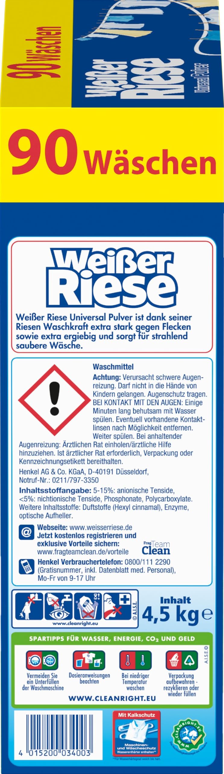 Weißer Riese Universal Pulver 180 Waschladungen (2x 90 WL), Vollwaschmittel wirkt riesig stark gegen Flecken, Kalt-Aktiv schon ab 20° C, ergiebiges Waschpulver, ideal für Familien mit Kindern