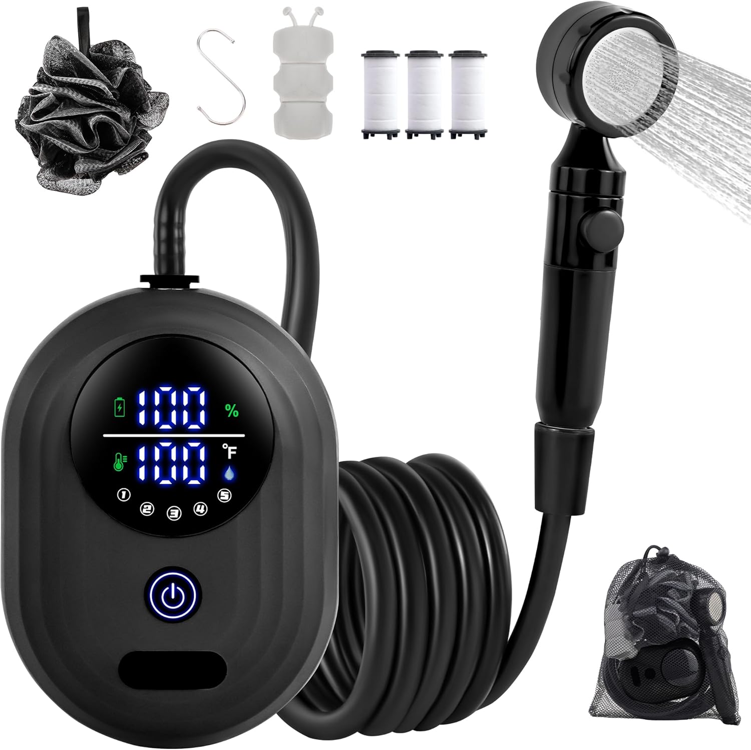 Lightweight Portable Camping Shower, 6000mAh Rechargeable Outdoor Shower Pump with 5 Pressure Modes, Filtered Shower Head, Temperature & Power Display for Hiking, Travel, Washing, Emergency Lightweight Portable Camping Shower, 6000mAh Rechargeable Outdoor Shower Pump with 5 Pressure Modes, Filtered Shower Head, Temperature & Power Display for Hiking, Travel, Washing, Emergency
