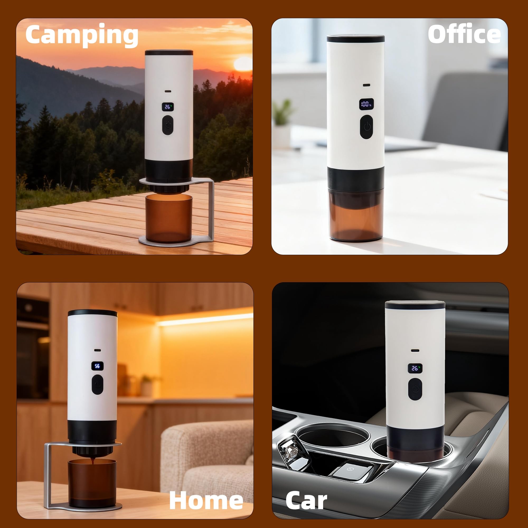Macchina per caffè espresso portatile 3 in 1 con batteria | Macchina da caffè con funzione di riscaldamento | Ricarica di tipo C | Temperatura e indicatore batteria | Caffè da viaggio