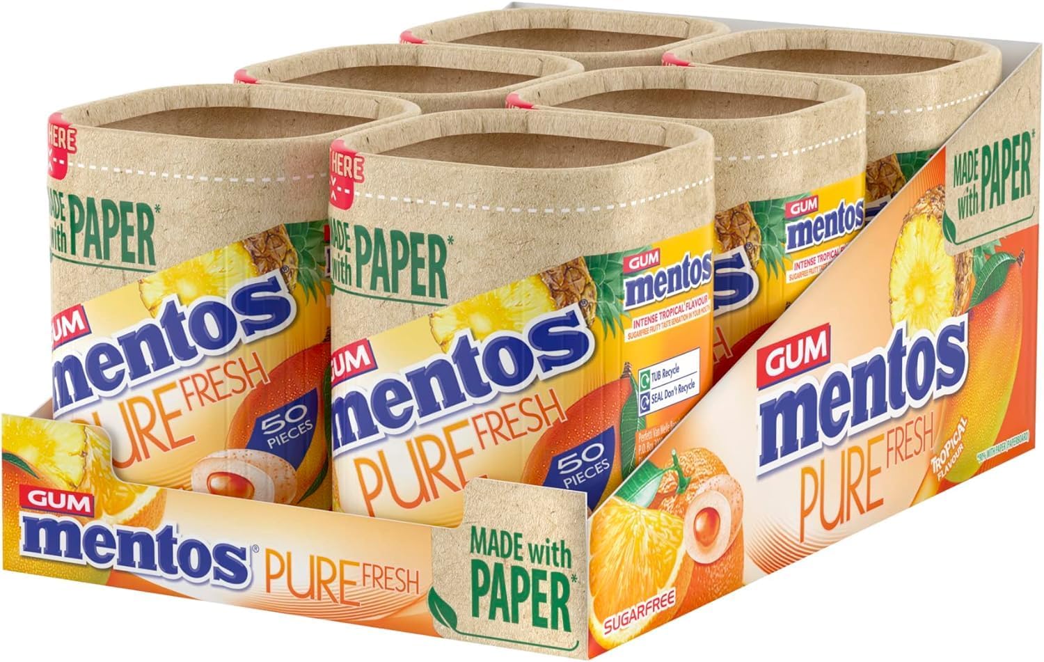 MENTOS GUM - Pure Fresh Chewing Gum - Crisp Outer Shell and Liquid Filled Centre - Tropical - 6 x 50 Pieces
