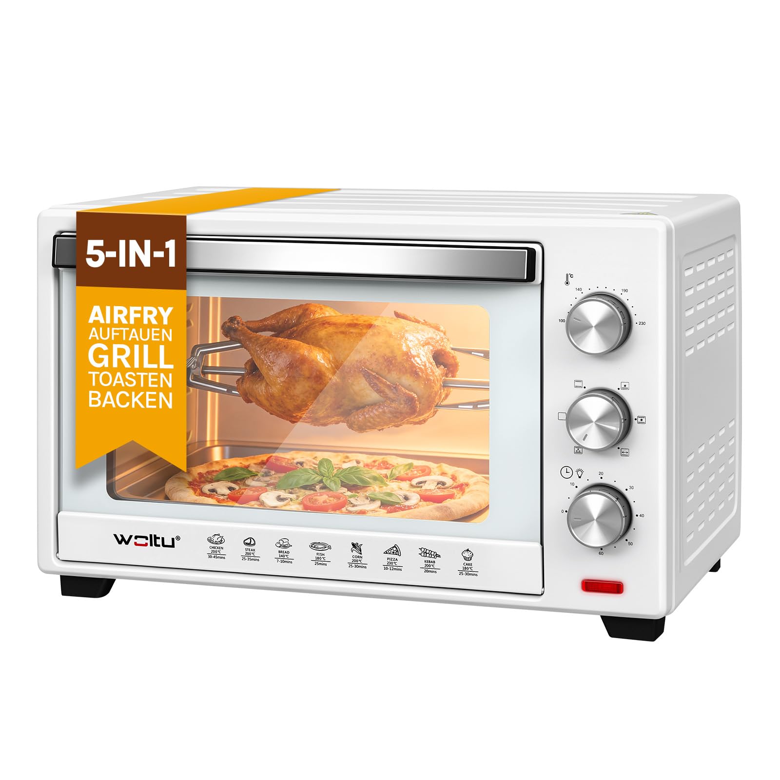 WOLTU Forno per Pizza da 32L, Fornetto Elettrico Piccolo con Girarrosto, 4 Resistenze, Timer 60 min, Temperatura 100-​230°C, 1600W, Porta con Doppi Vetri, Bianco