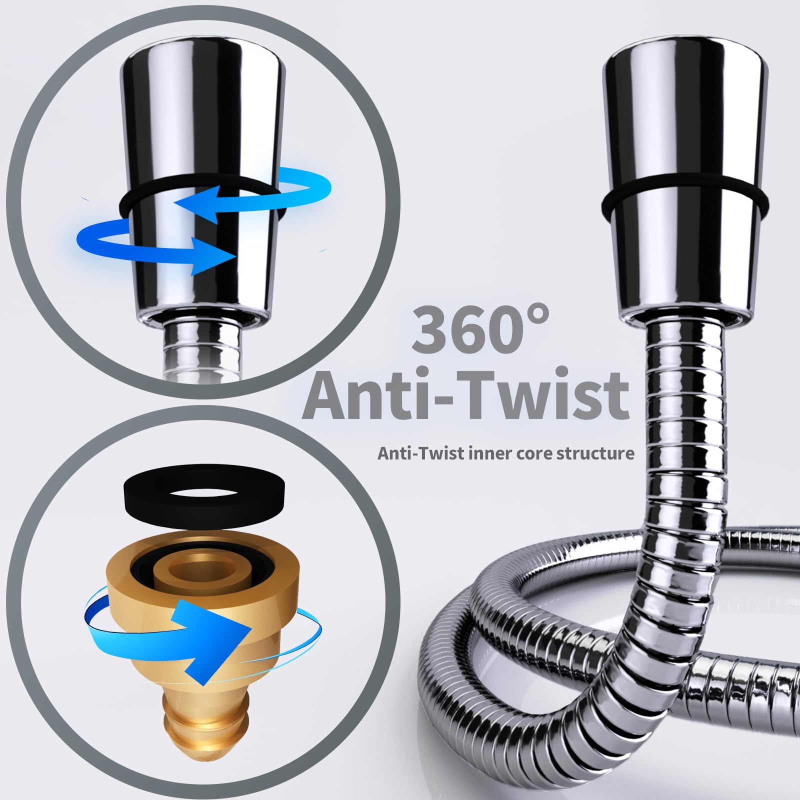Tubo doccia flessibile da 1,5 m, in acciaio inox, anti-torsione e anti-piegatura, antiperdite, universale G1/2", cromato/argento (1.5M)