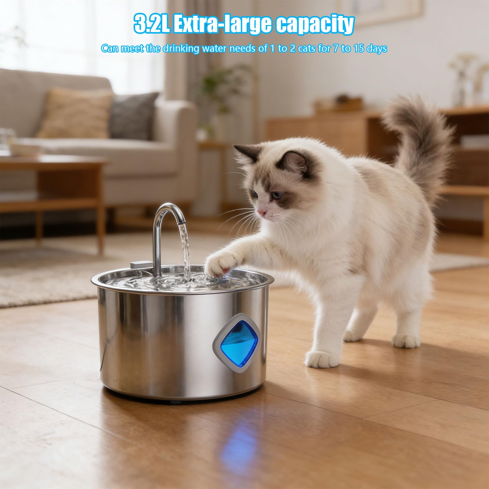 Abbeveratoio in acciaio inox alimentato tramite USB da 3,2 l, include 2 flussi automatici di ossigenazione, design per cani e animali domestici