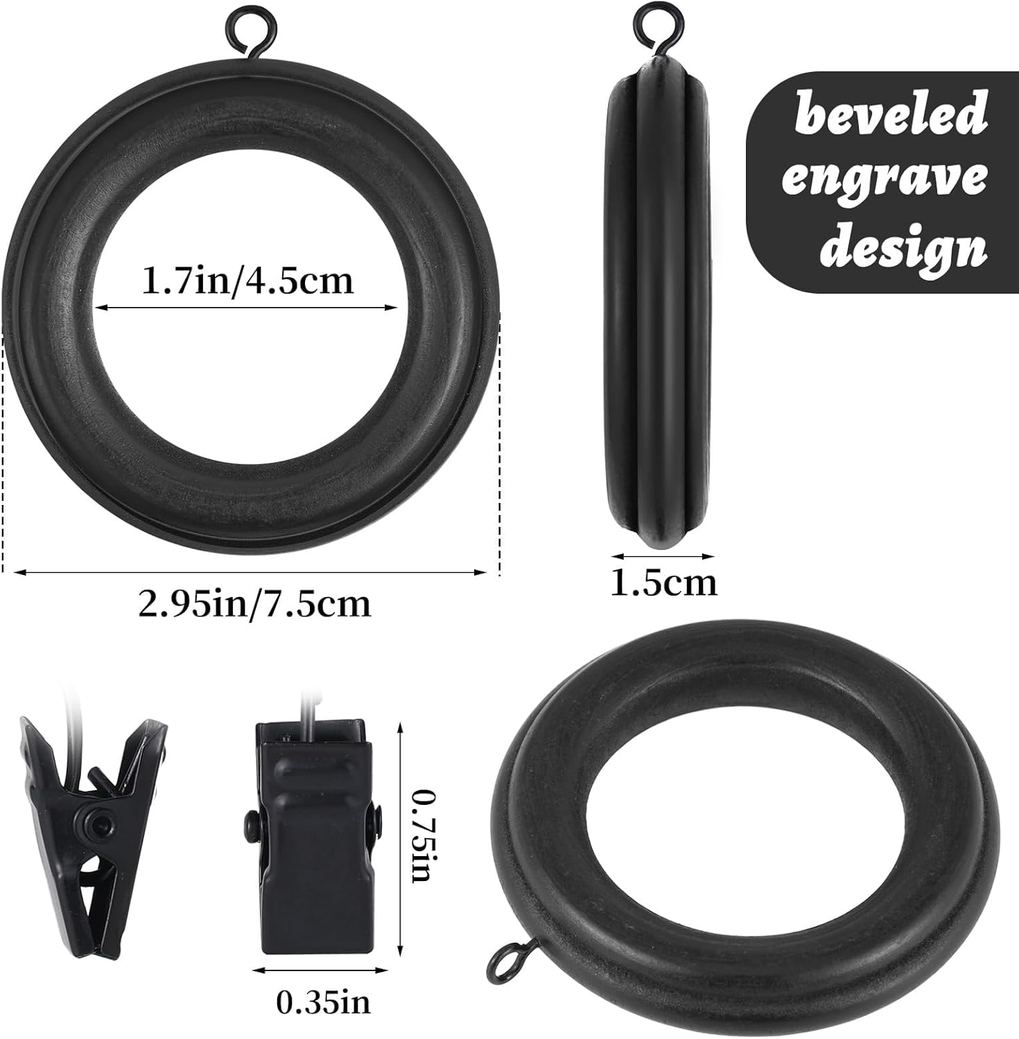 16 Pack Curtain Rod Rings Wooden with Drapery Clips 2.95 Inch Outer Diameter Beech Wood Carved Drapes Rings 1.7 Inch Interior Diameter for 1-1.2 Inch Curtain Rod Pole (Black)