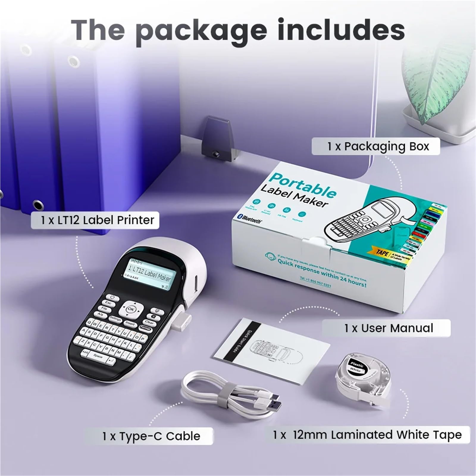 Producent etykiet, Drukarka Etykiet LT12, Przenośna Bezatramentowa Bluetooth, Naklejka Do Biura, Domu, Klawiatura QWERTY, Klawisz Dotykowy, do domu, kuchni, biura(Black Printer)