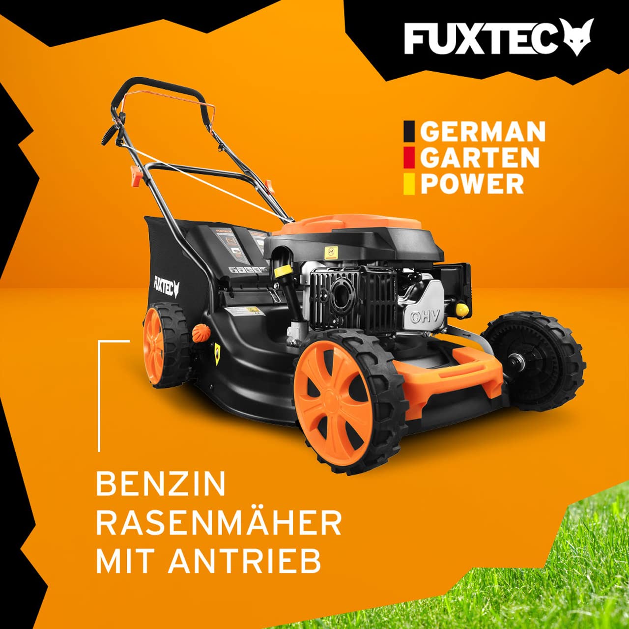 FUXTEC 4in1 Benzin Rasenmäher FX-RM4646 mit Frontbumper, Gartenmäher inkl. Seitenauswurf-Funktion, 46 cm Schnittbreite, 4-Takt mit Hinterradantrieb, kugelgelagerte Big Wheel Räder, 50L Grasfangkorb