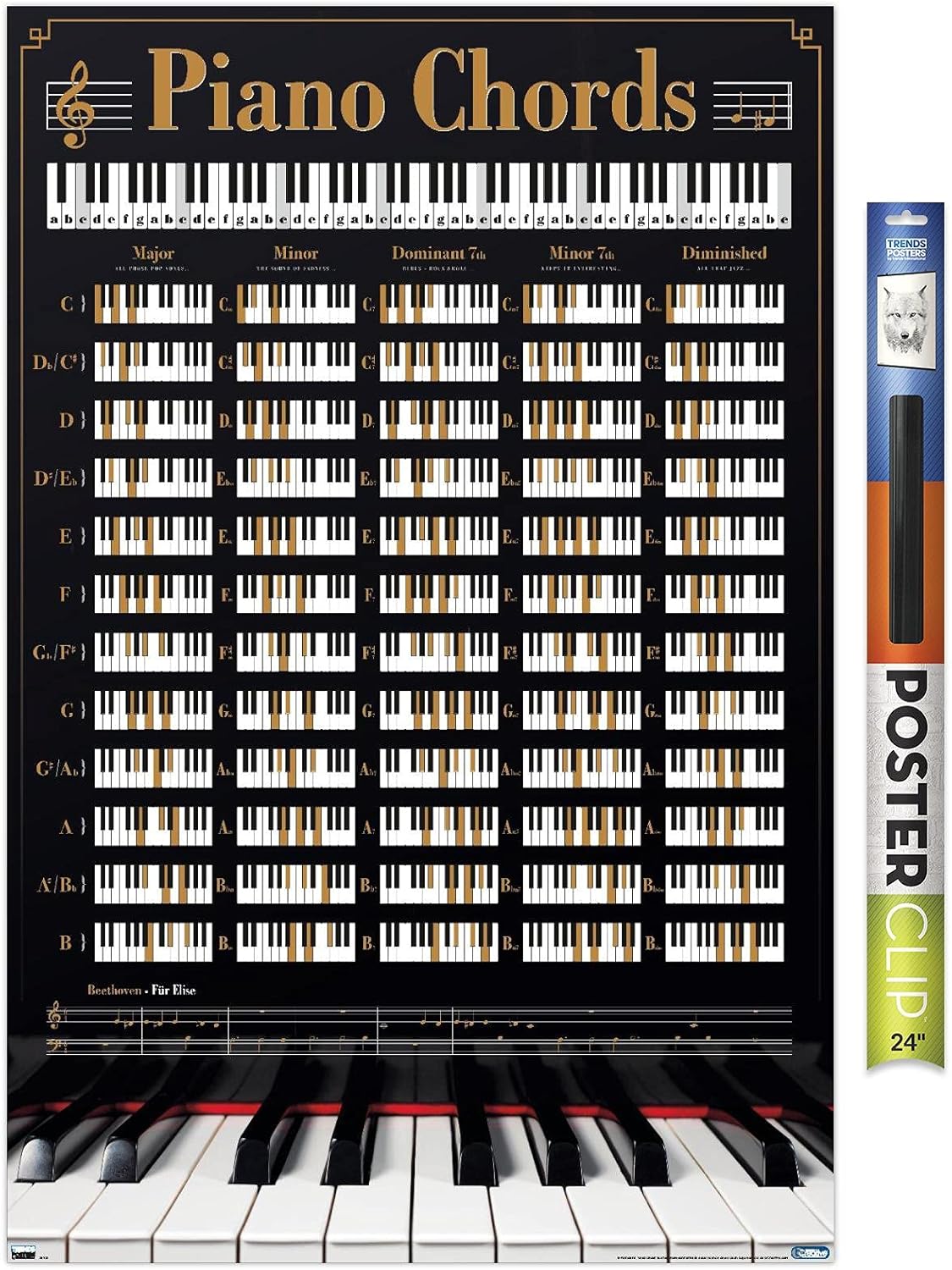 Trends International Reinders-Piano Keys Wall Poster with Magnetic Frame, 22.375" x 34", Print and Black Hanger Bundle