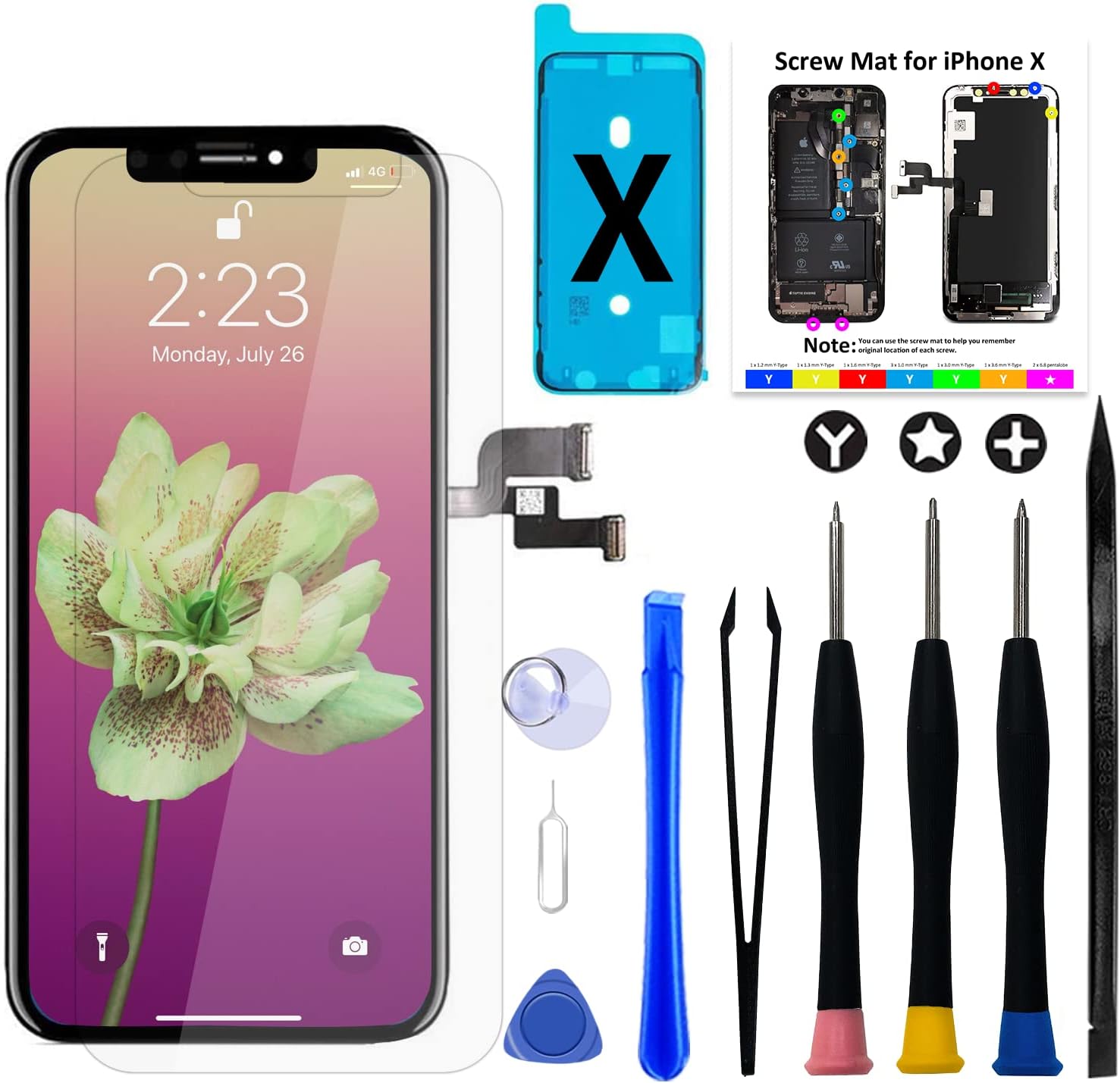 Brinonac for iPhone X OLED Screen Replacement Kit, 5.8 inch 3D Touch Screen Display Digitizer Frame Assembly Set with Repair Tools and Tempered Glass Protector