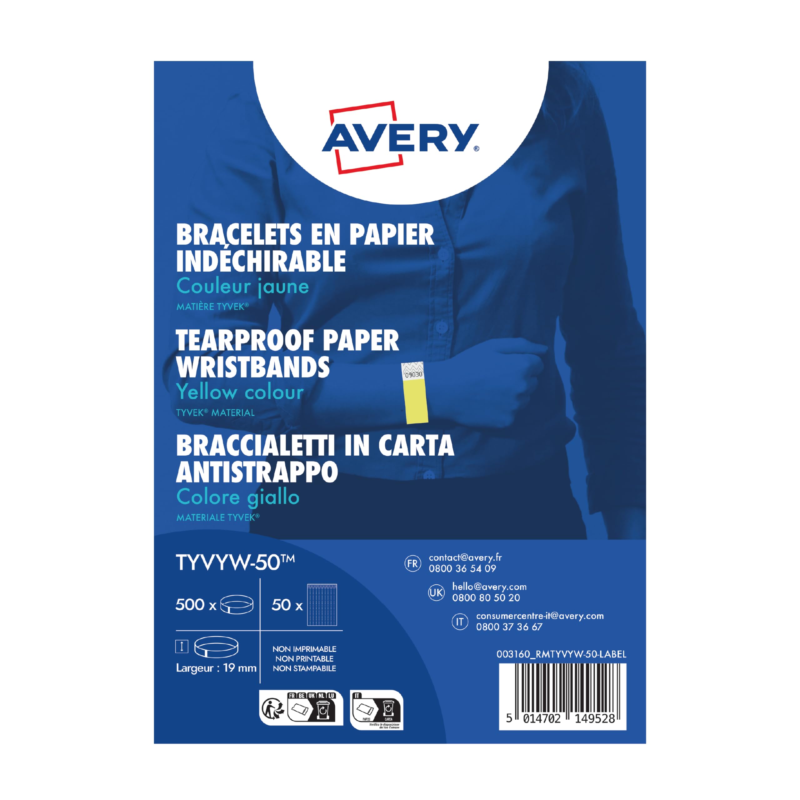 Avery Tyvek Paper Bracelets/ Wristbands - Yellow - Tear-Proof - Ideal for Events,Ideal for Events, Parties, Celebration TYVYW-50
