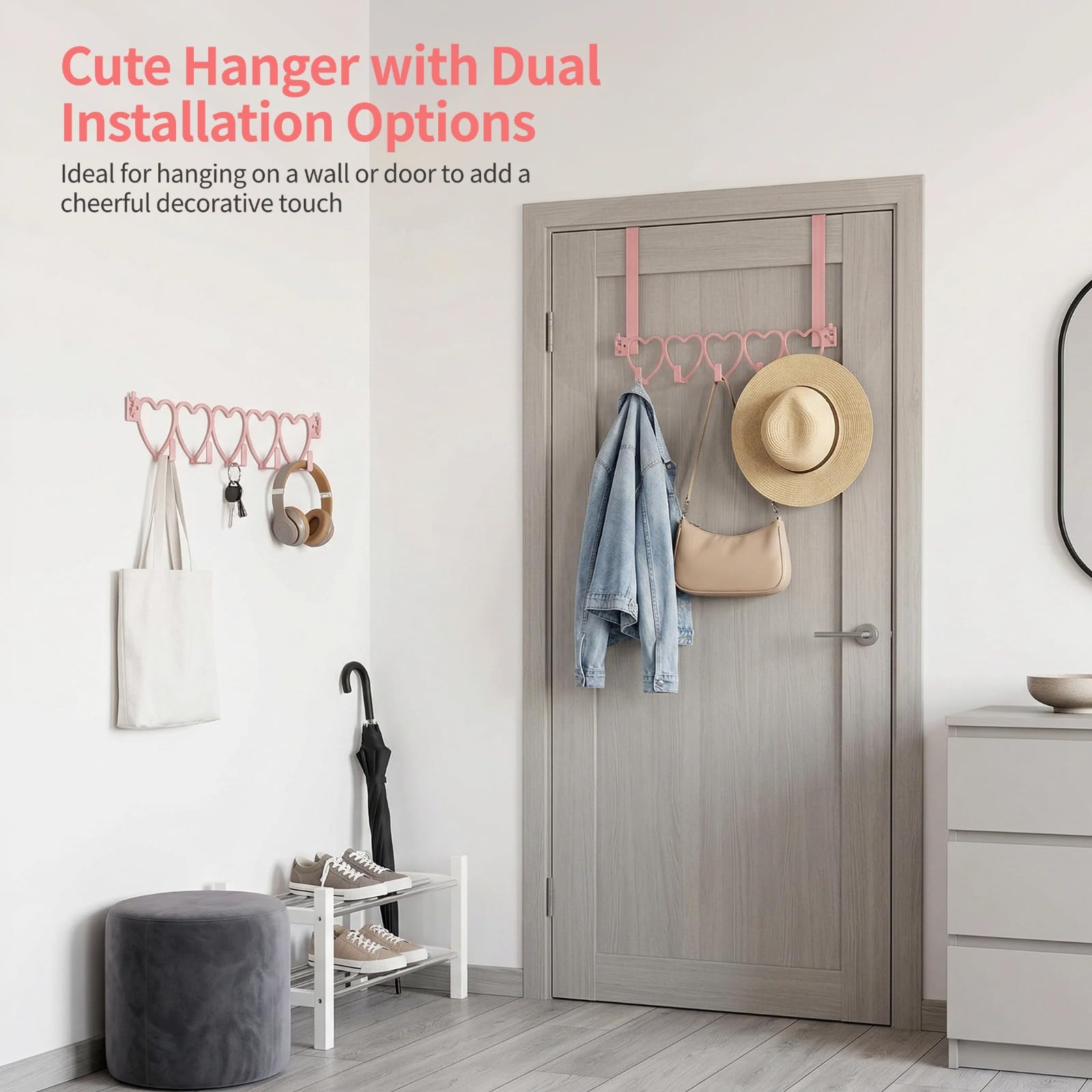 Herzförmige pinke Hakenleiste für Tür- oder Wandmontage, Metall-Organizer mit fünf Haken, für Handtücher, Mäntel, Schlüssel und Taschen, für Flur, Bad, Küche und Schlafzimmer