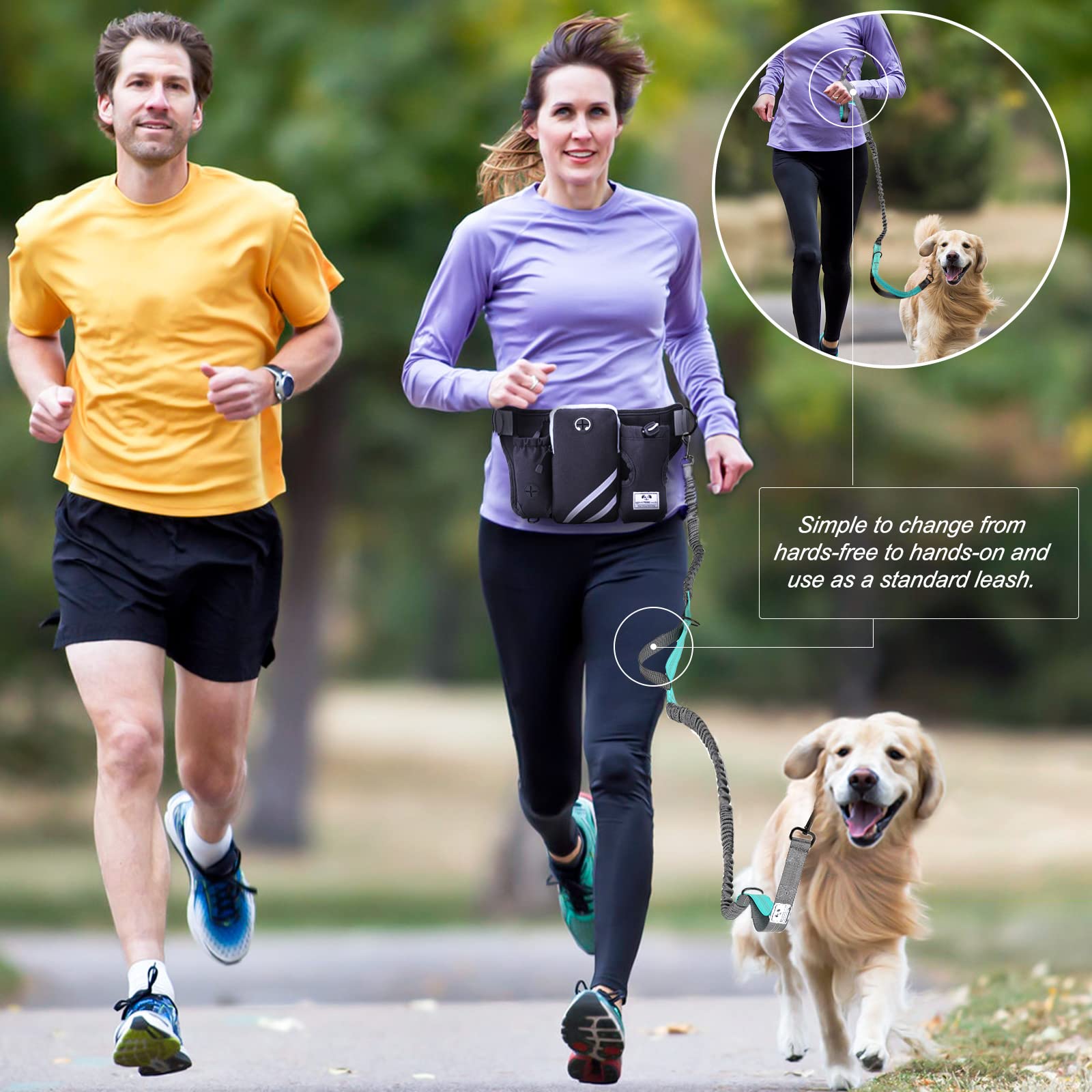 SHINE HAI Retractable Hands Free Dog Leash with Dual Bungees for Dogs, Adjustable Waist Belt Bag, Reflective Stitching Leash for Running Walking Hiking Jogging Biking (for 1 Dog) - image 2
