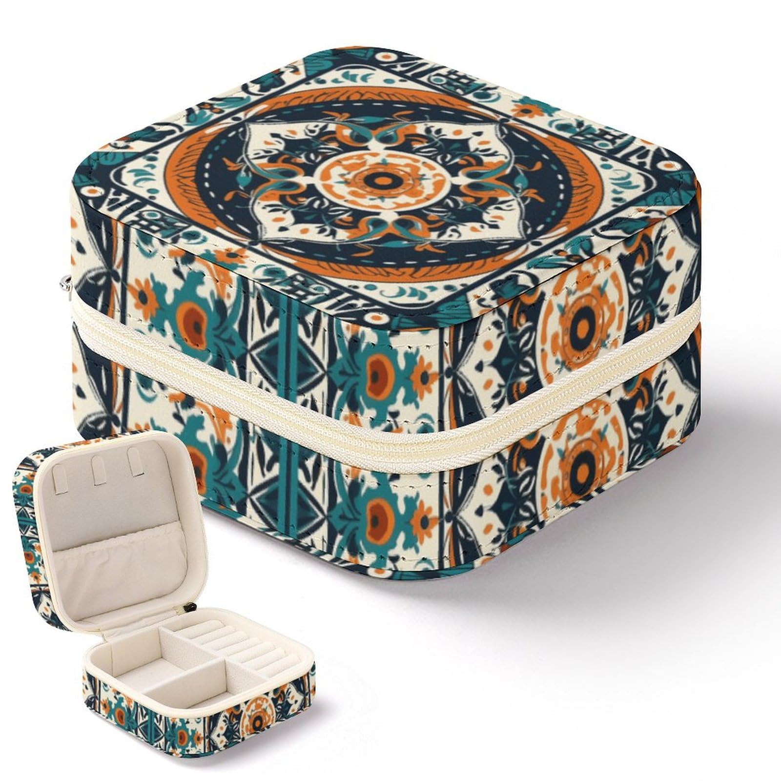 Boîte à bijoux de voyage carrée en cuir imprimé pour bague et boucle d'oreille