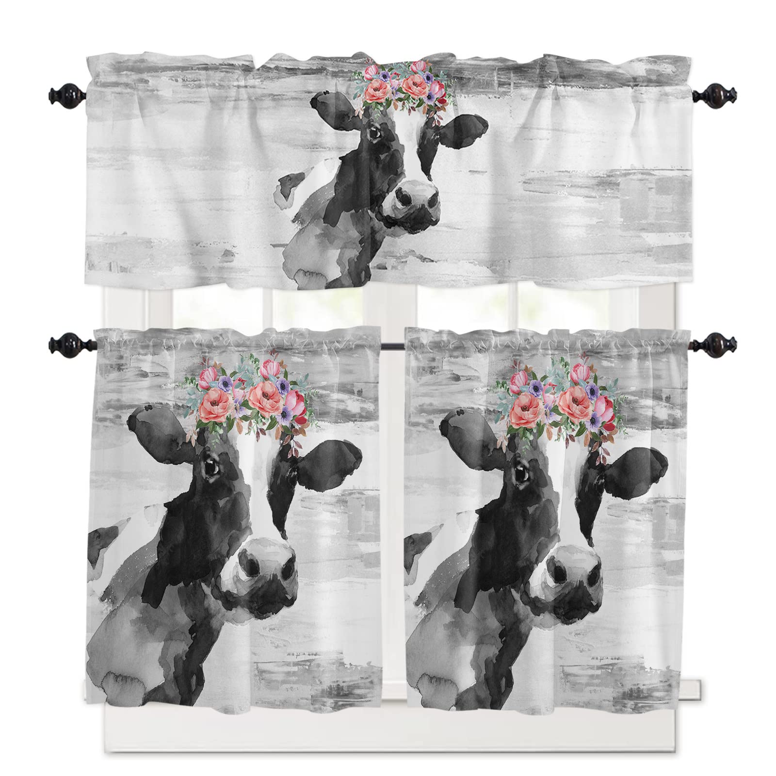 Kitchen Curtains Set, Rustic Oil Painting Cow Kitchen Curtains and Valances Set, Farm Animal Gray Abstract Art Rod Pocket Tier Curtains 24 Inch Length for Cafe/Bedroom Windows