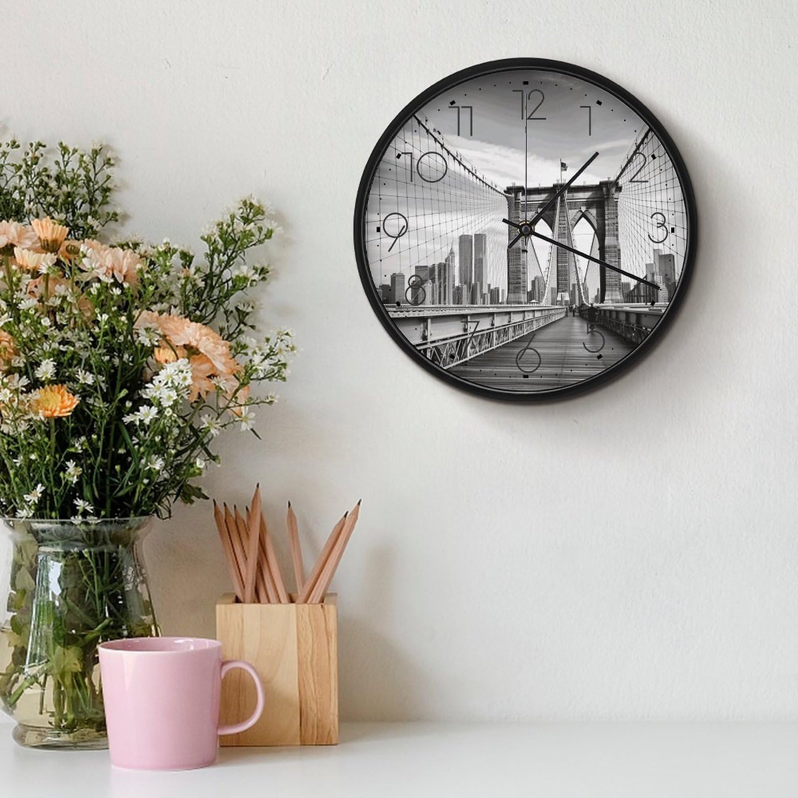 Orologio da parete con ponte di Brooklyn, silenzioso, senza ticchettio, moderno, a batteria, rotondo, analogico, classico, per camera da letto, cucina, ufficio