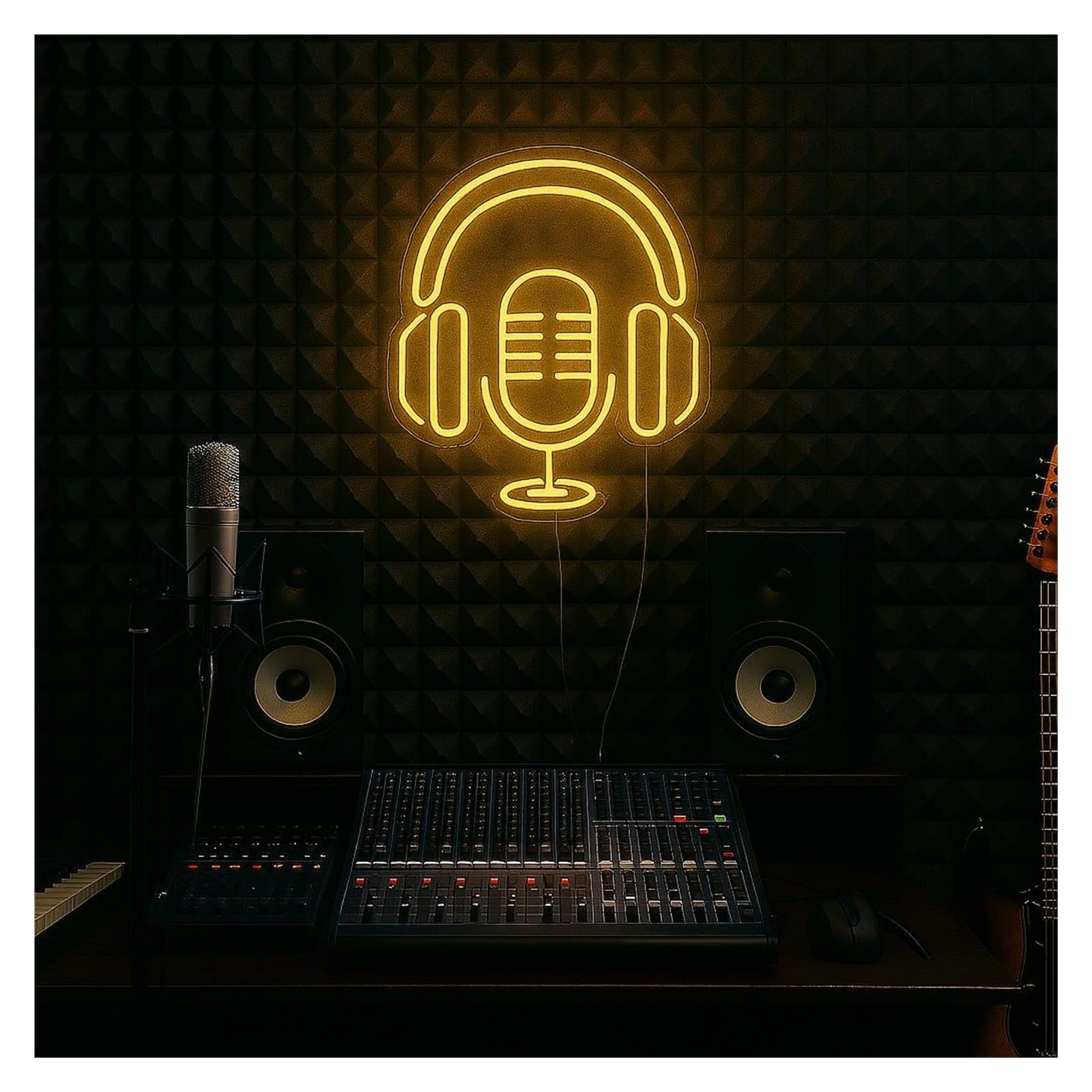 RONGCH Hanging Art Signs Headphones and Microphone Neon Sign, Suitable for Recording Room Decor with Dimmable 41cm(C)