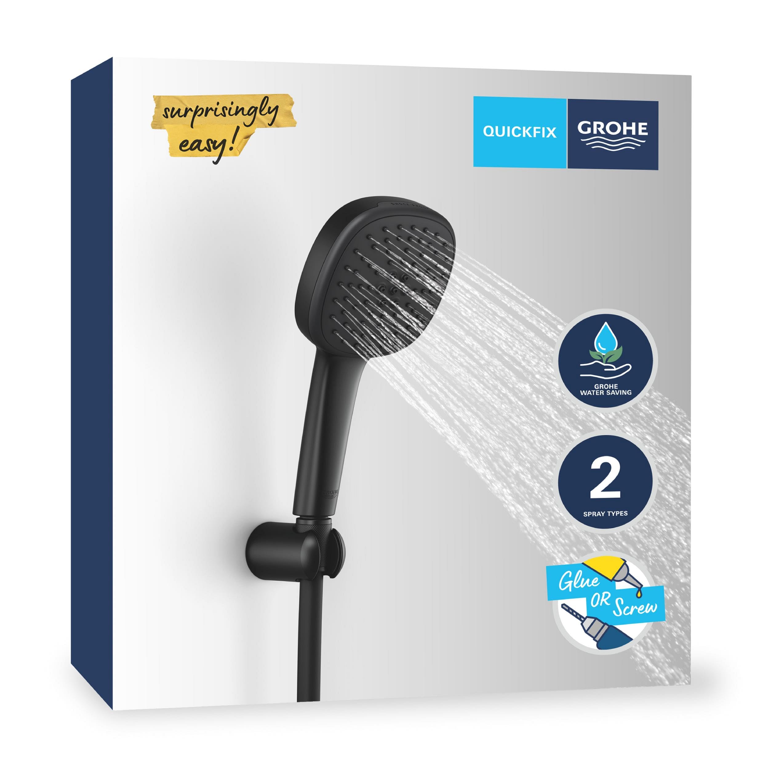 GROHE Vitalio 110, Duschkopf mit Schlauch und Halterung, wassersparend, 8l pro Min (Handbrause 2 Strahlarten, Duschbrause mit Duschschlauch 1,5m, Halterung klebbar), eckig, schwarz, 263992431