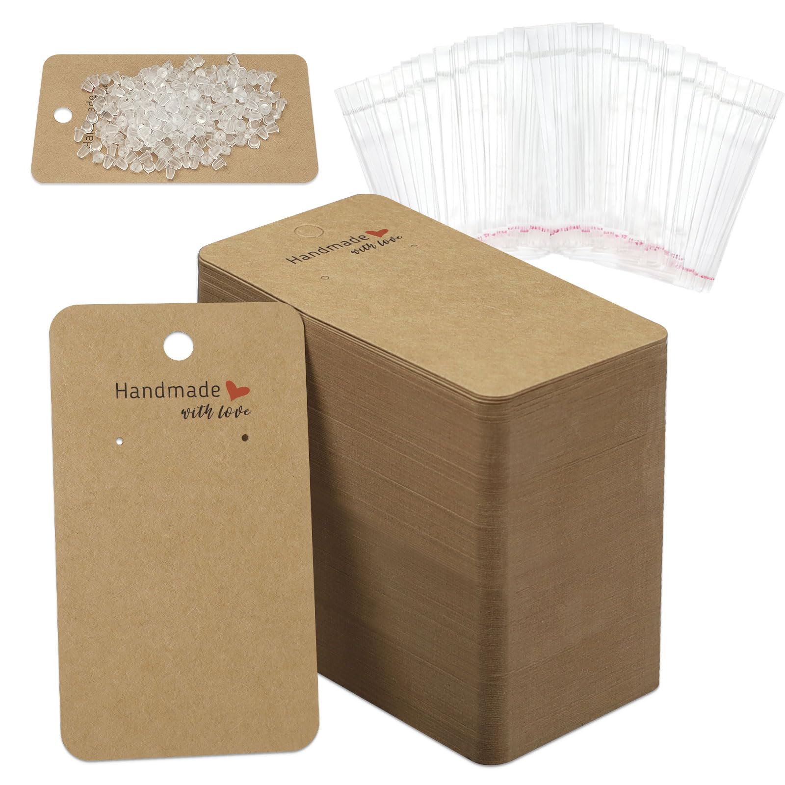 Modixun Kraft 200-Pieces Earring Display Cards Holder With 200 Bags & 400 Backs, Earring Packaging For Selling Jewelry, Handmade With Love Tags, Cardboard