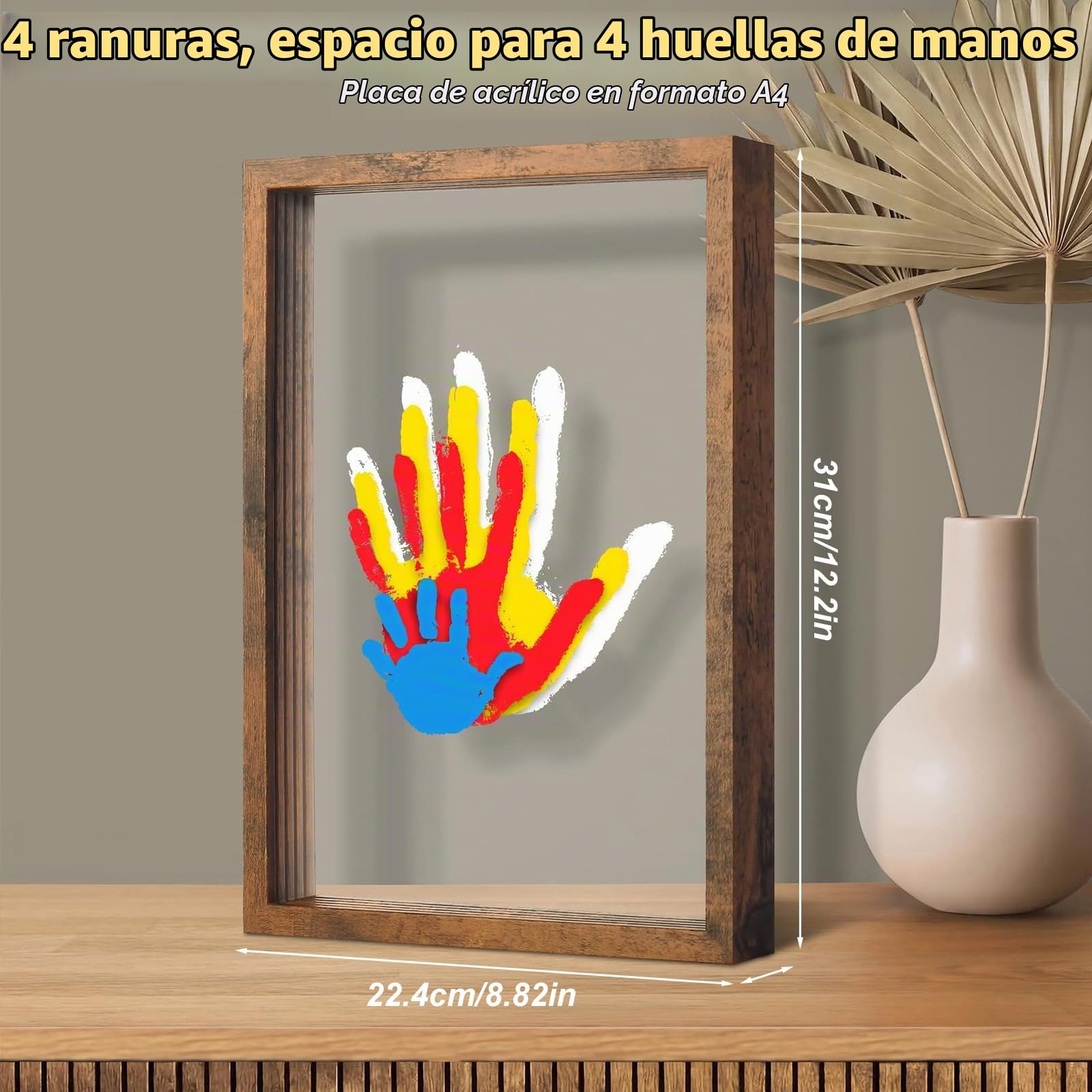 Set Huellas Familia, Marco de Madera Grande 31 x 22,4 cm, Kit Huellas de Manos y Pies Bebé, Pinturas No Tóxicas, Regalo para Recién Nacidos
