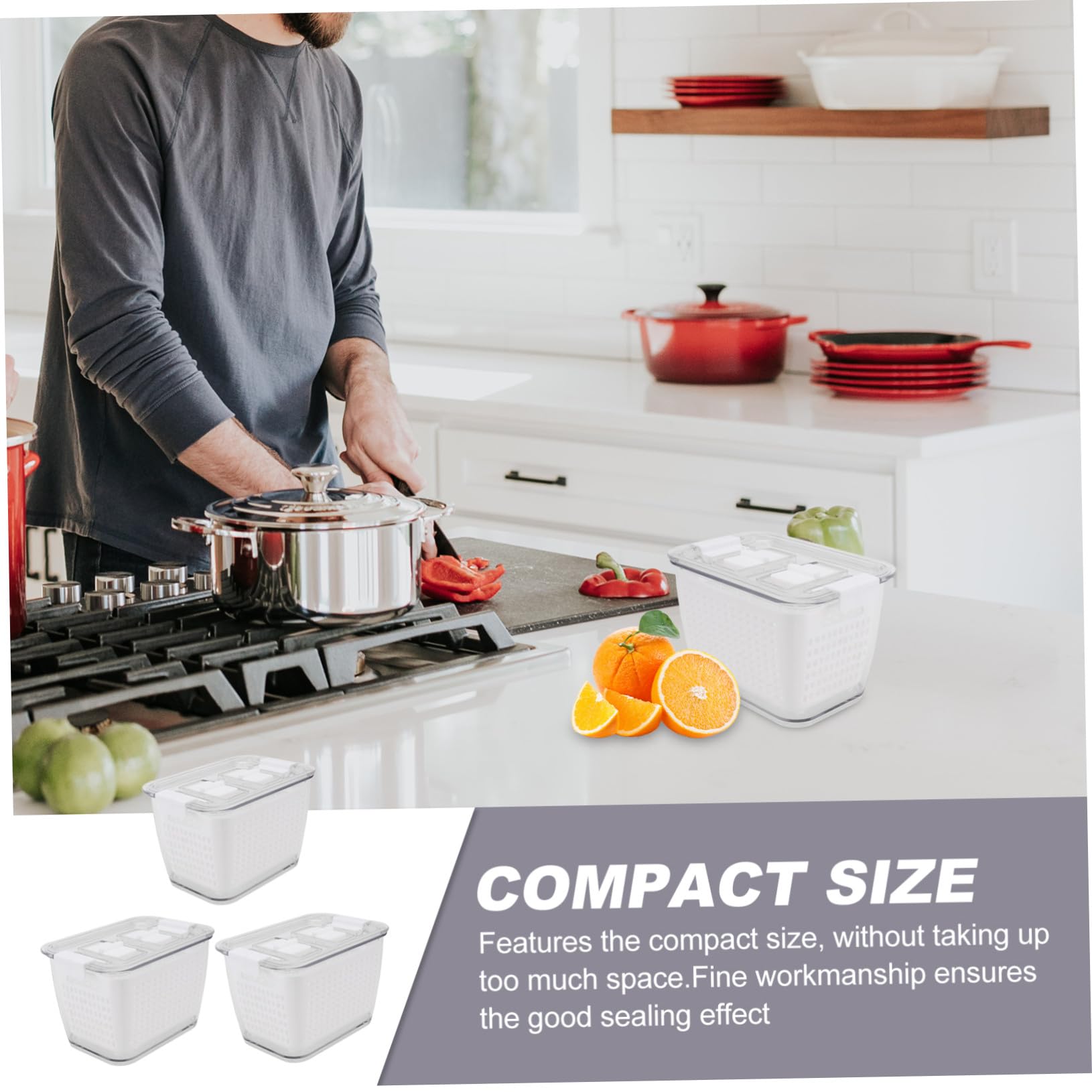Cabilock 3 piezas Cajas Herméticas para Almacenamiento y Drenaje de Alimentos Contenedores Compactos para Frutas y Verduras Organizador Práctico para Frigorífico Fácil Limpieza y Ahorro de
