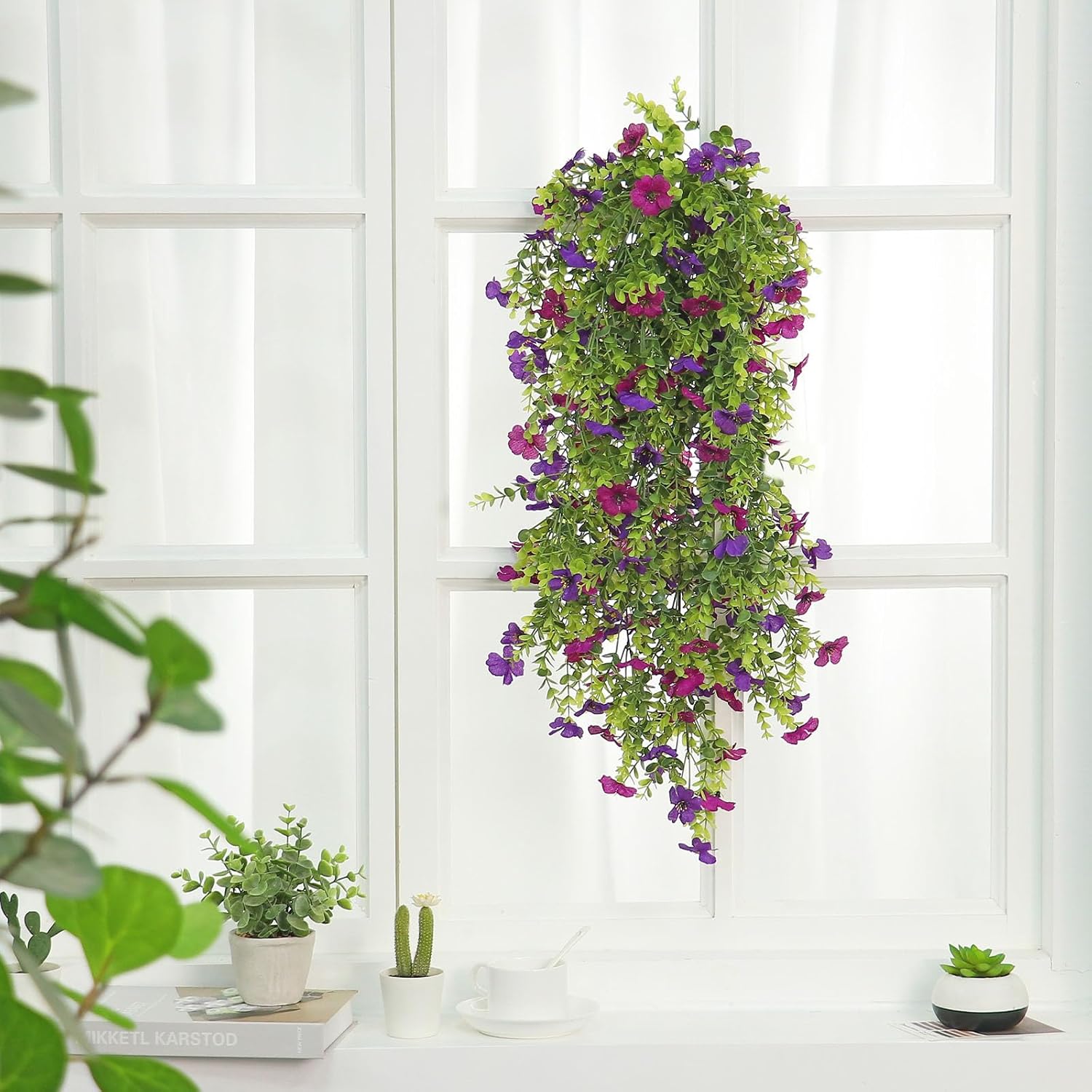 Artificial Hanging Flowers for Outdoors,2 Pack Silk Fake Plant UV Resistant Faux Flower for Front Door Porch Planter Patio Yard Garden(Dark Purple) - Image 4