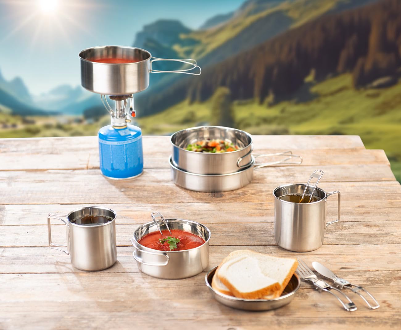 Semptec Urban Survival Technology Camping-Pfanne: 24-teiliges Edelstahl-Camping-Kochgeschirr-Set mit Besteck und Tasche (Outdoor-Geschirr, Topfset)