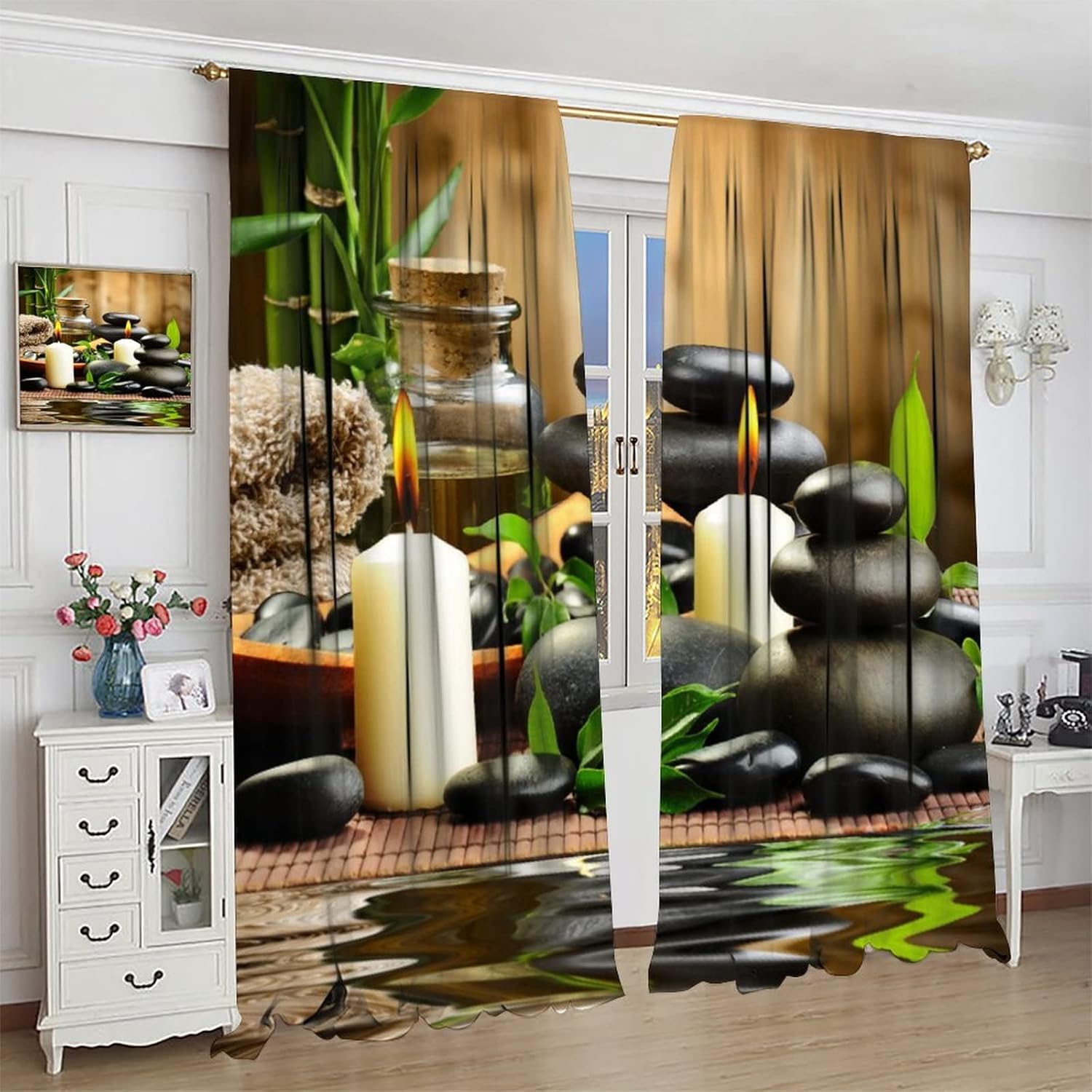 Zen Spa Japanese Garden Theme Blackout Curtains - Black Stone Flower Green Bamboo Print Rod Pocket Window Drapes Set Energy Saving Thermal Insulated Drapes,2 Panels 45L x 21W