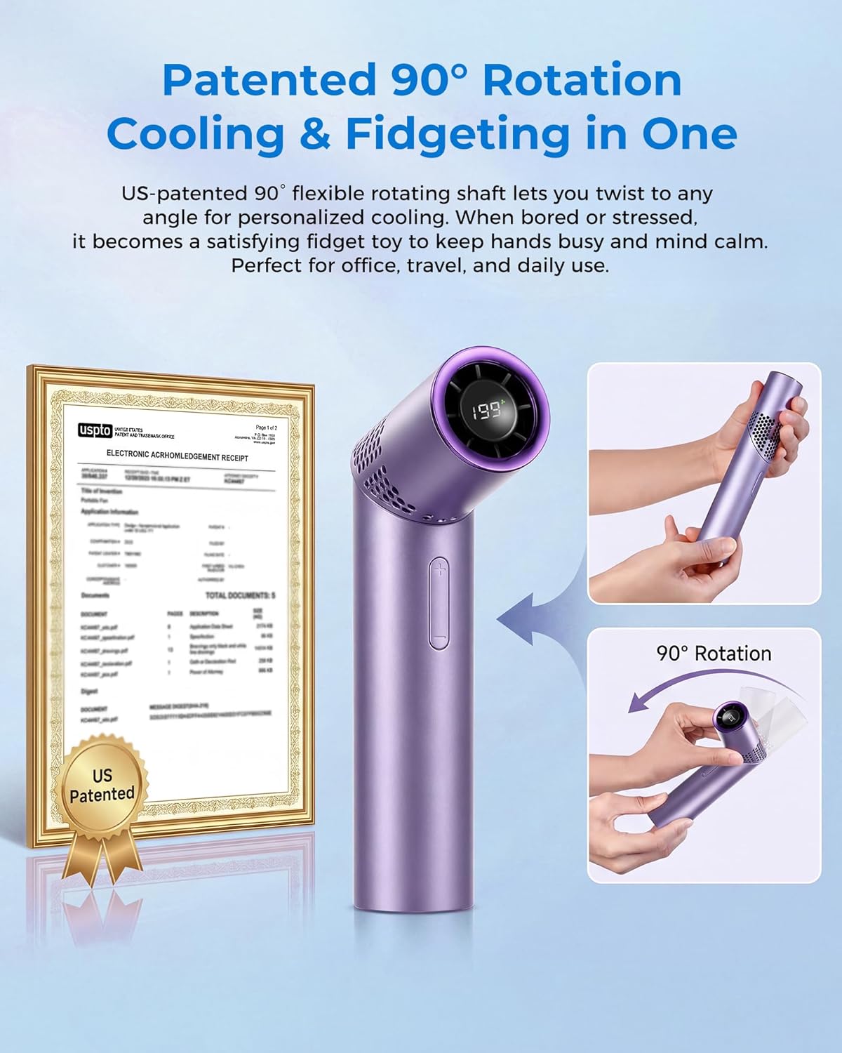 Portable Handheld Fan Rechargeable, 199-Speed Adjustable Handheld & Neck Fan with LED Display, 3000mAh USB-C Mini Personal Travel Fan for Women Office Outdoor (Purple)