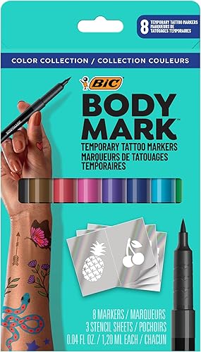 BIC BodyMark - Marcador temporal de tatuaje con calidad cosmética y seguridad para la piel, 8 unidades en varios colores