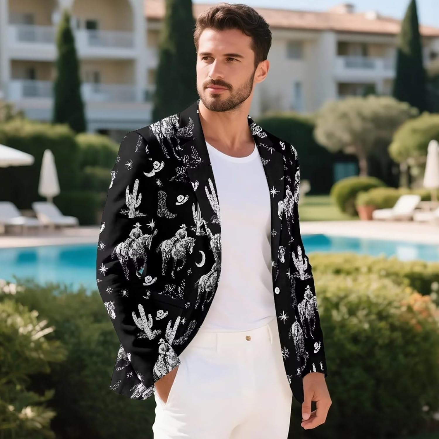 Men's Casual One Button Slim Fit Patterned Blazers Notch Lapel Suits with Front Pockets Travel Formal Sport Jacket