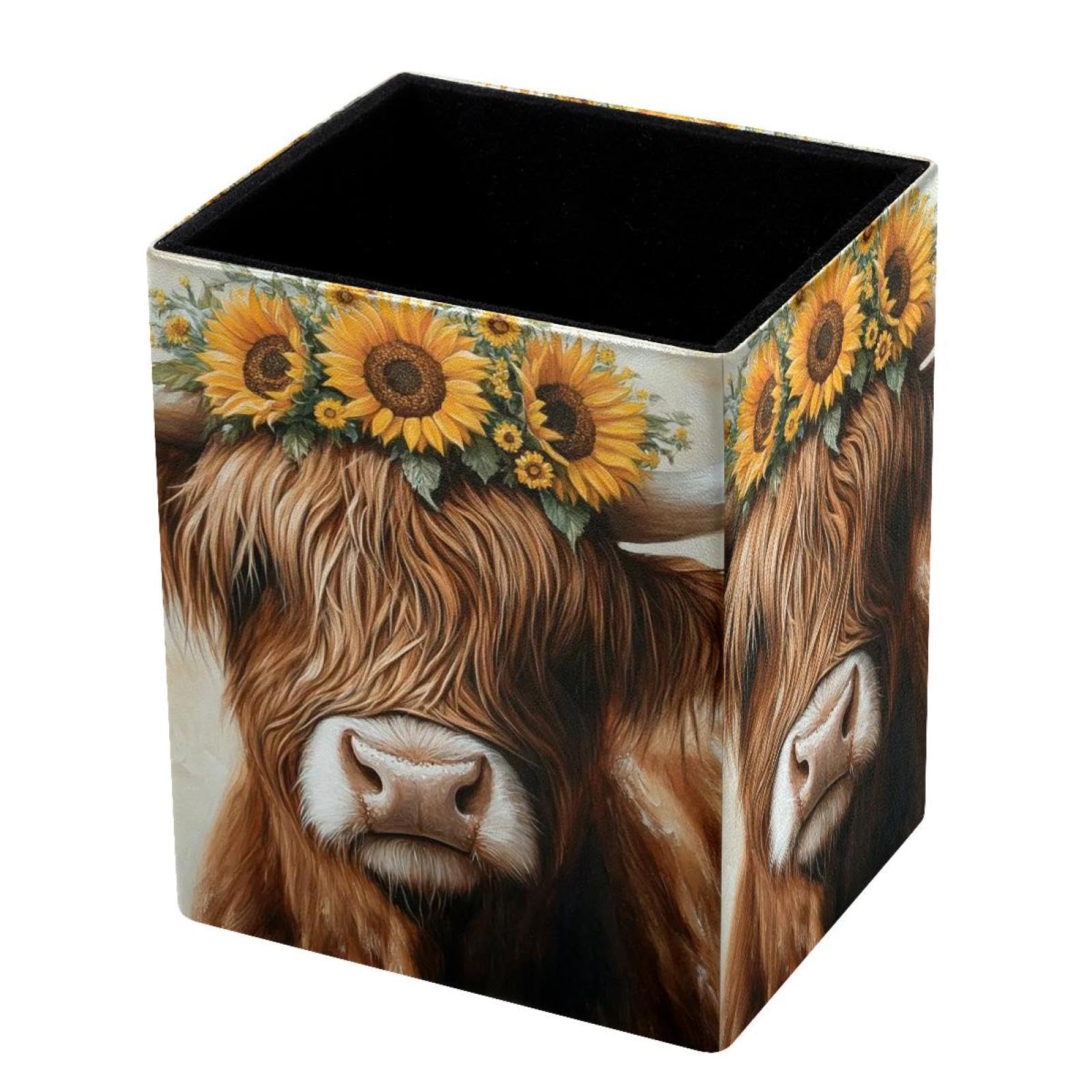 VAPOKF Pencil Holders for Desk, Cow Sunflower Printed Pen Holders Pen Pot Makeup Brushes Storage Desktop Stationery Supplies Organiser for Home Office