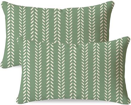 PANDICORN 12x20 Outdoor Lumbar Throw Pillow Covers Set of 2, Sage Green Geometric Chevron Herringbone Striped Pattern, Cottage Farmhouse Porch Swing Patio Seating, Indoor Reading Nook Accent Decor