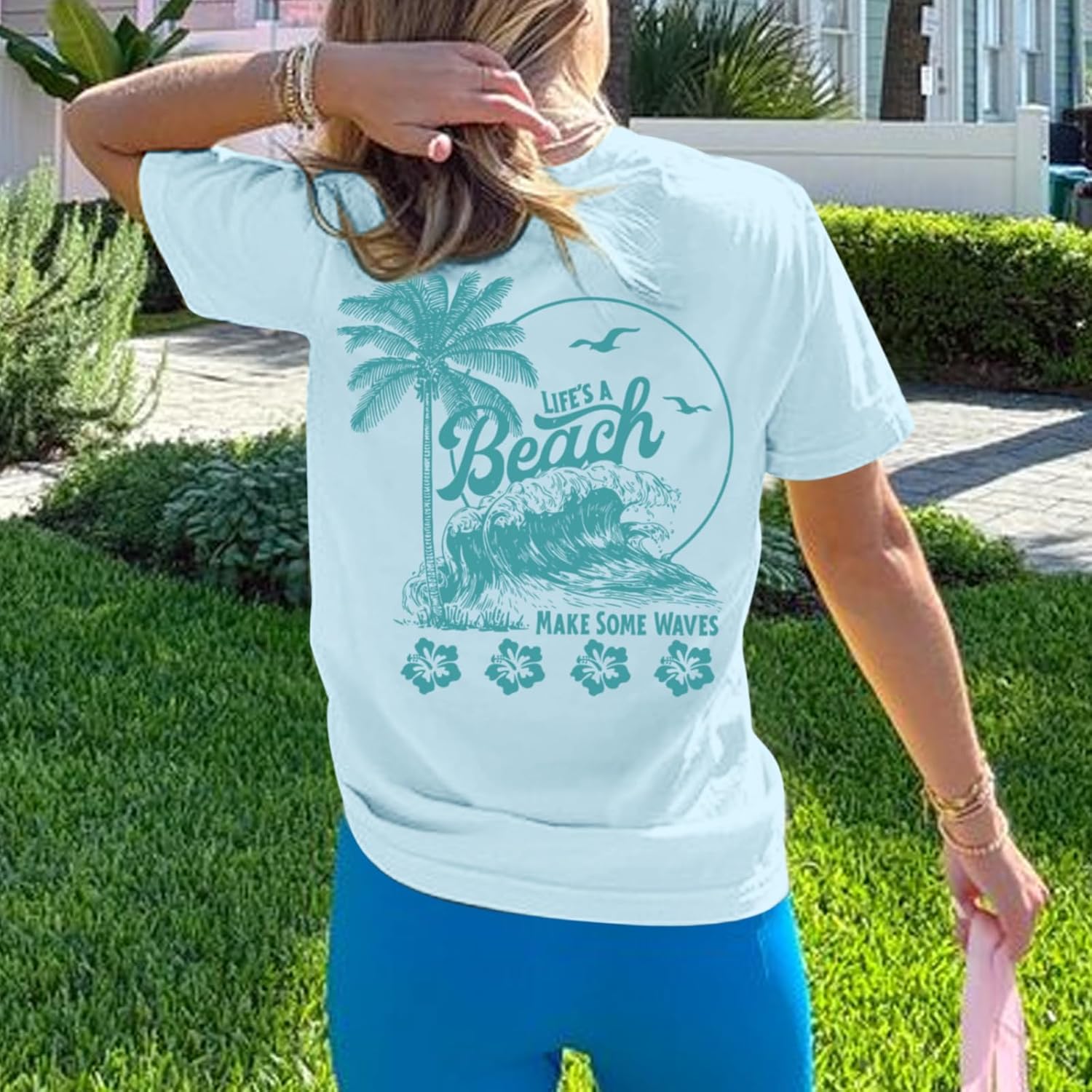 KEEVICI Hawaiian Beach T Shirts for Women Hibiscus Flower Palm Tree Shirt Tropical Graphic Tees Summer Beachy Vacation Tops - Image 2
