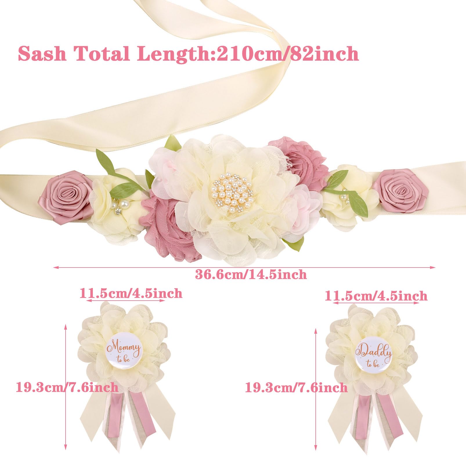 Afkengung Maternity Sash Set for The Mommy and Daddy-to-be, with Corsage Pin Flowers as Baby Shower Souvenirs.Perfect for Gender Reveal Decorations and Pregnancy Photography Props (Creamy White)