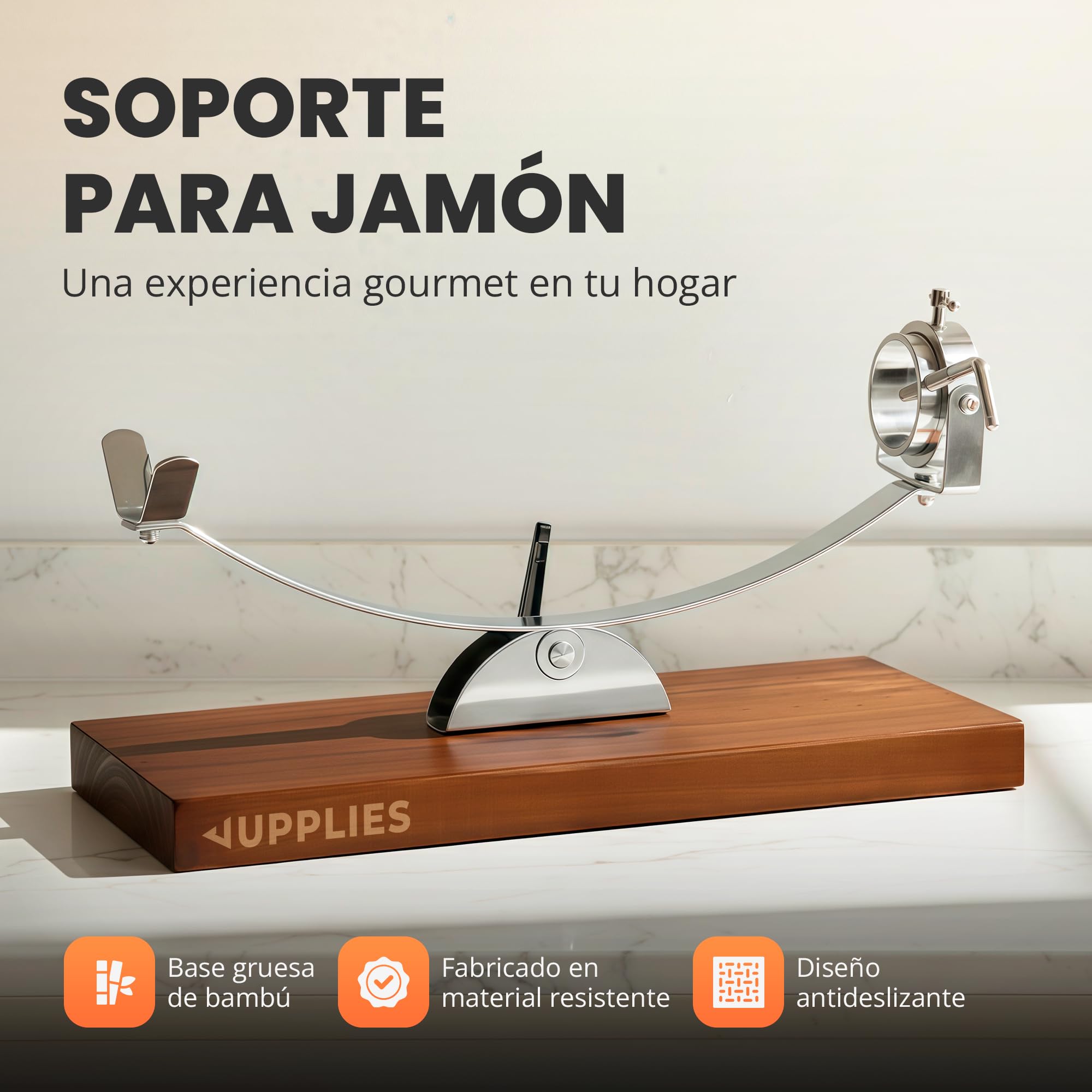 JUPPLIES Jamonero Acero Inoxidable con Base de Bambú + Cuchillo 240mm + Afilador y Cubre Jamón | Soporte Jamonero Vertical Basculante, Rotatorio y Antideslizante | Tabla de Jamón Profesional