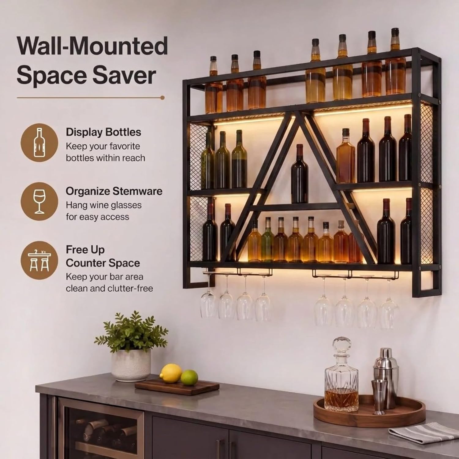 Marsui 39.4" Wall Mounted Wine Rack with LED, 3-Tier Bar Shelf, A-Frame