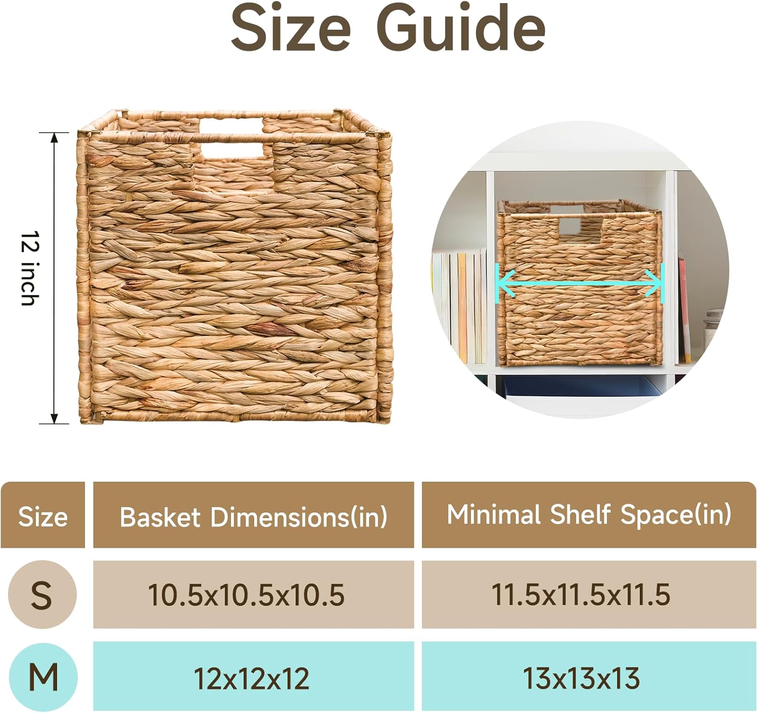 12x12x12 Storage Cube, Water Hyacinth Storage Baskets, Wicker Storage Baskets for Shelves, Woven Baskets for Storage, Square Wicker Storage Basket for Living Room (2 Packs 12x12in)