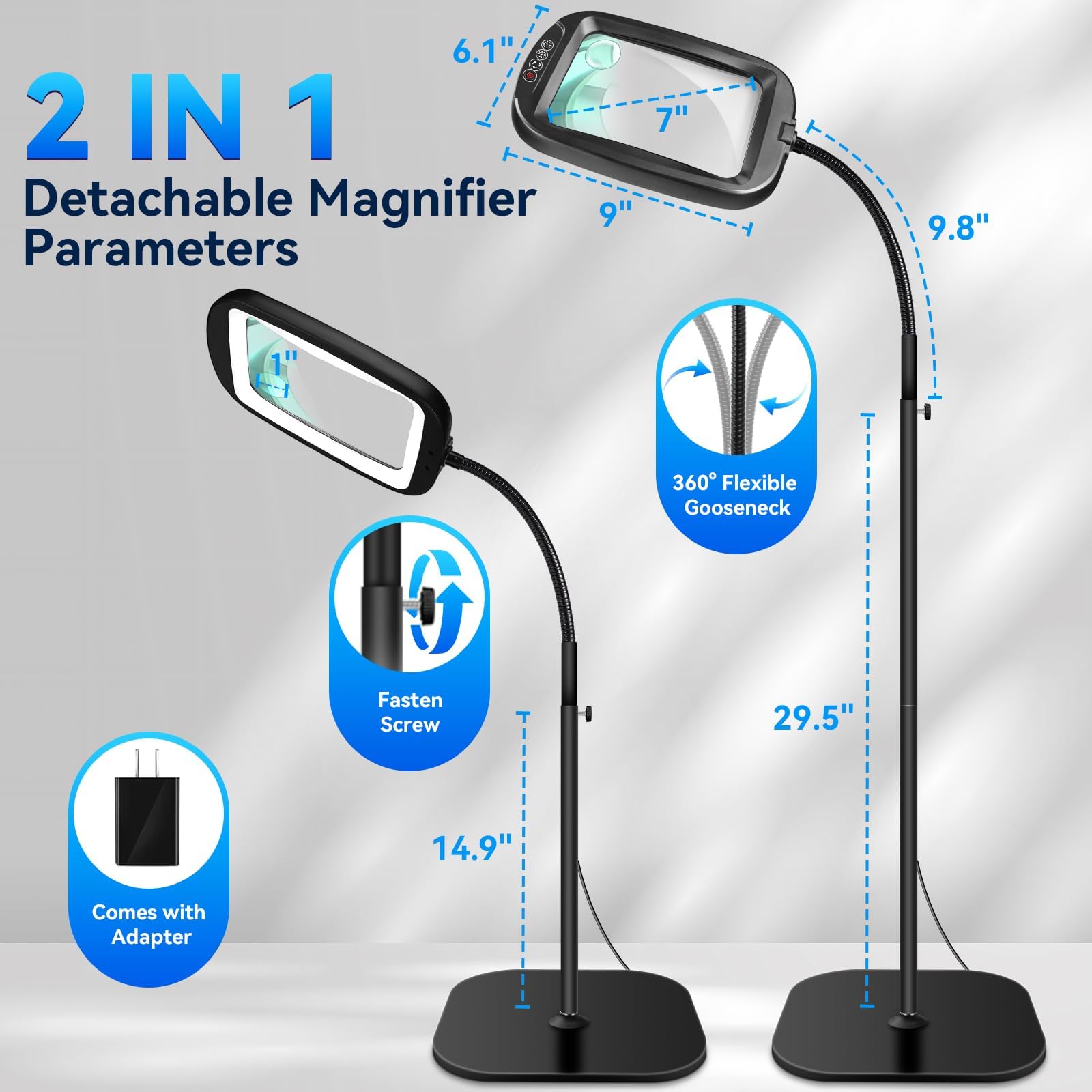Extra große Bodenlupe mit Licht und Ständer, 30-fache 10-fache Vergrößerungsglas mit 60 LEDs, flexible Schwanenhals-Bodenlupe mit 5 Farbmodi, 2-in-1 beleuchtete Lupe für enge Arbeiten, Nähen, Basteln
