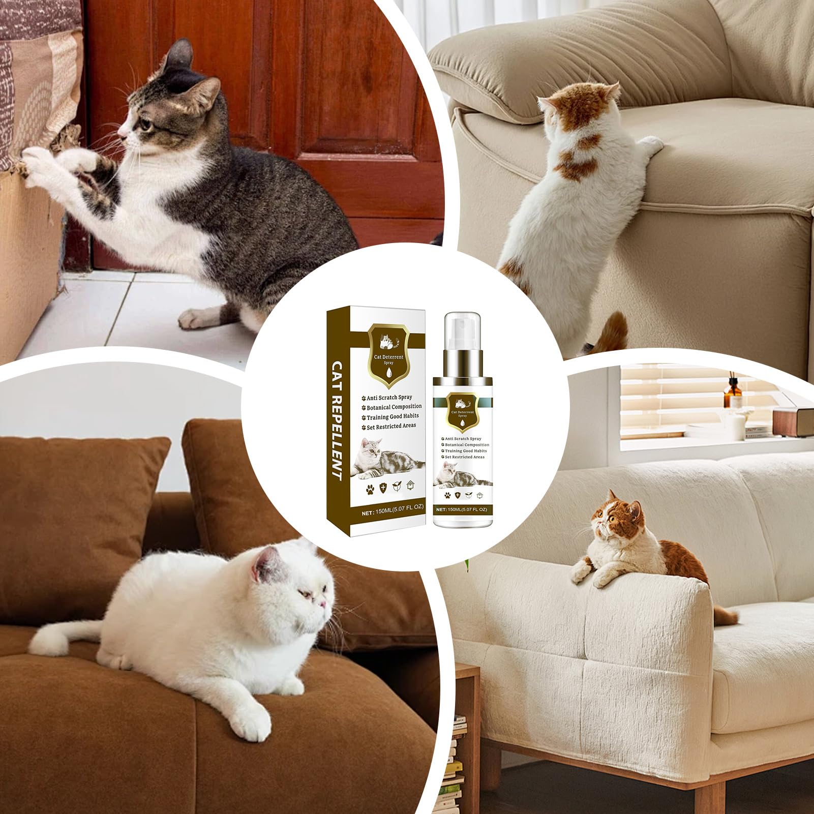 Spray Antigatos | 150ml Seguro Natural Antiarañazos - Control Interior Felino,Protege Neumáticos Sofás Alfombras Césped Patio Balcón Terraza Piscina