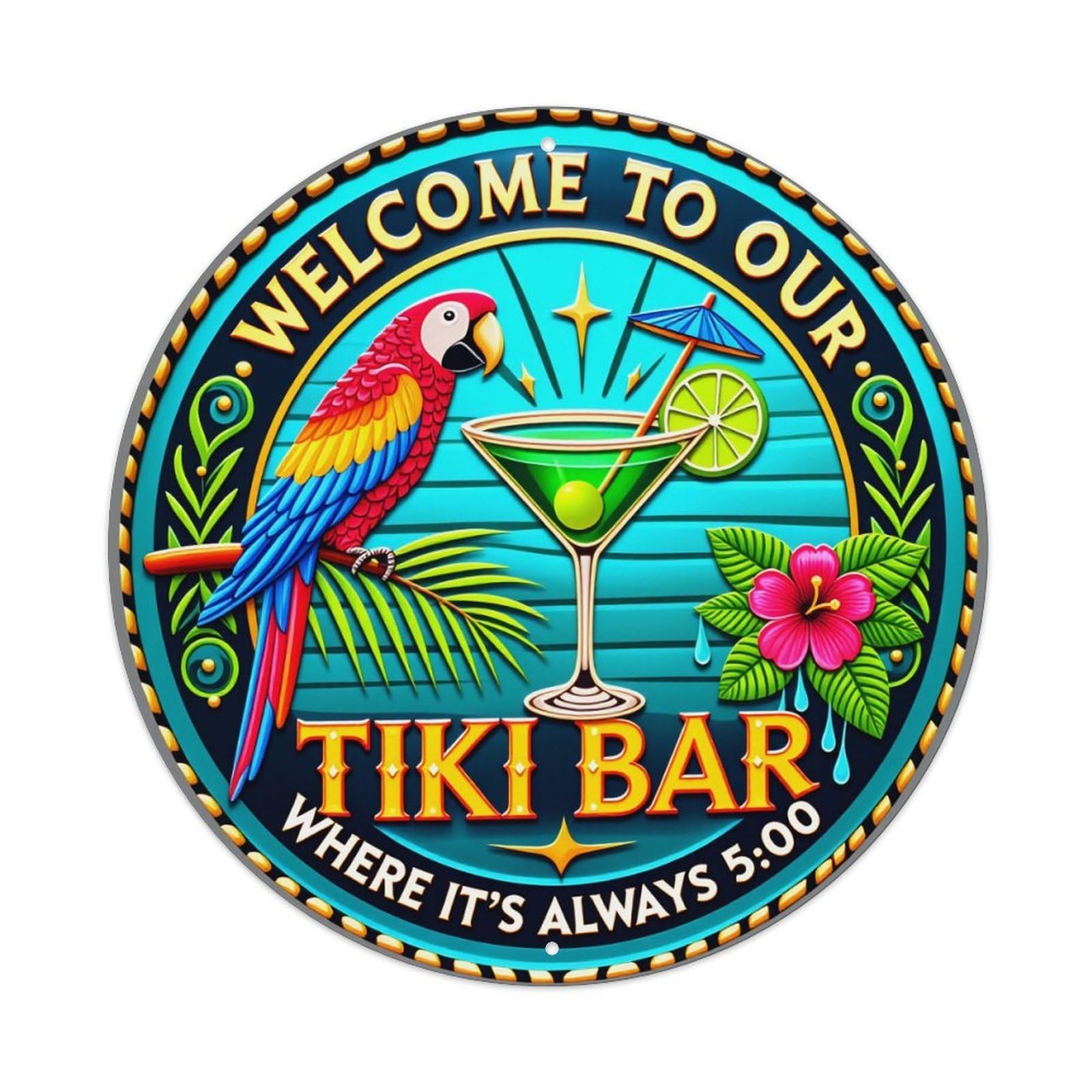 Tropical Parrot Cocktail Palm Flower Vintage Round Tin Sign Retro Metal Wall Decor Metal Poster, Home Bar Garage Cafe Wall Art Decoration 8x8Inches